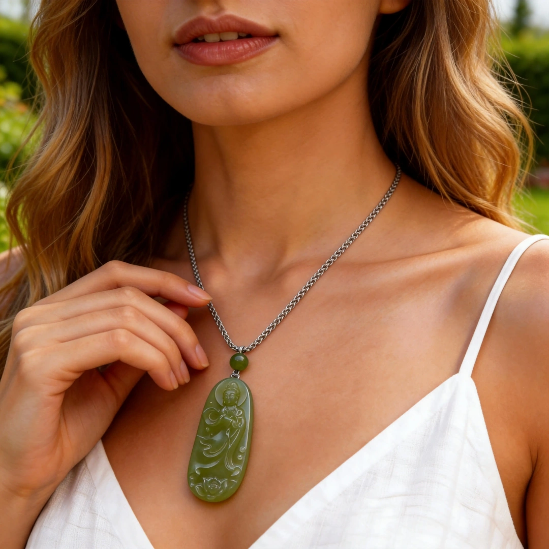 Divine Hetian Jade Guanyin Pendant - Meaningful Protection worn on wrist in natural light | QZZEN