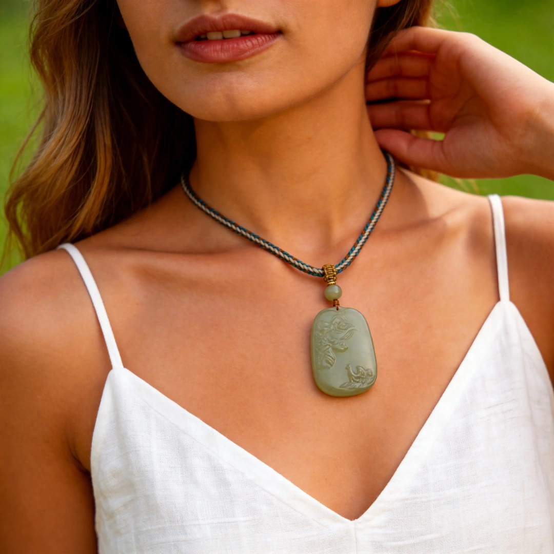 Hetian Jade Landscape Pendant worn on wrist in natural light | QZZEN