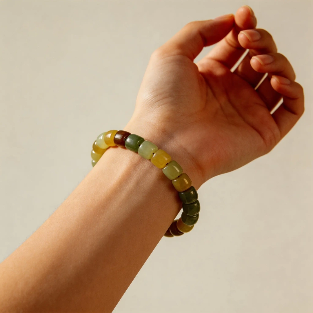 Hetian Jade Lotus Bracelet worn on wrist in natural light | QZZEN