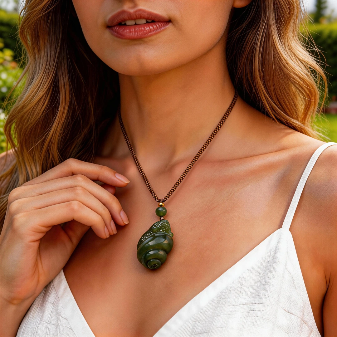 Hetian Jade Snail Pendant - Symbol of Persistence worn on wrist in natural light | QZZEN