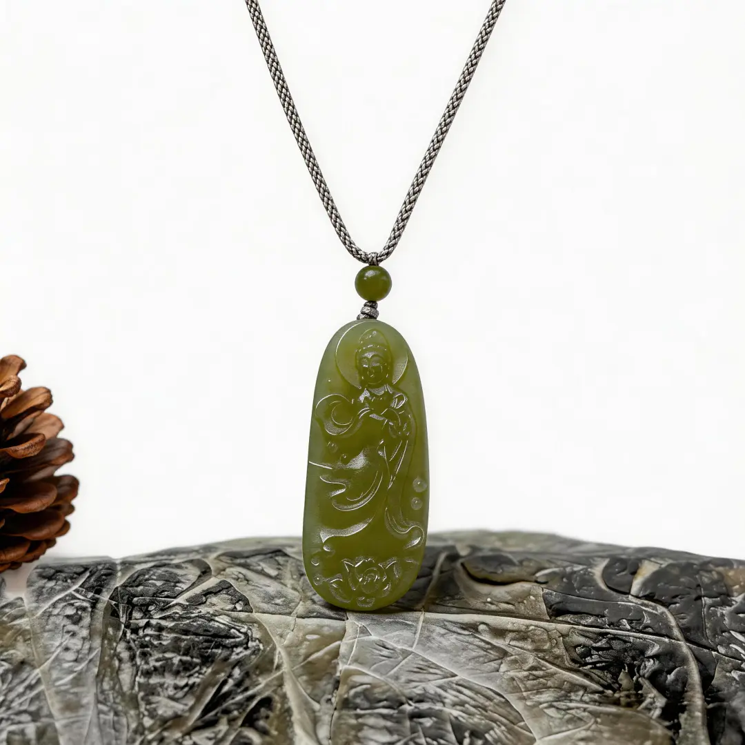 Divine Hetian Jade Guanyin Pendant - Meaningful Protection bead texture close-up with natural inclusions | QZZEN