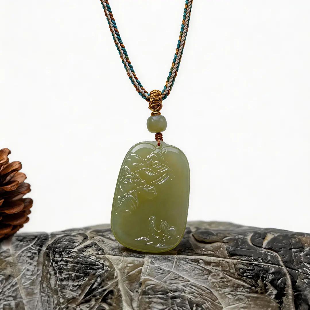 Hetian Jade Landscape Pendant bead texture close-up with natural inclusions | QZZEN