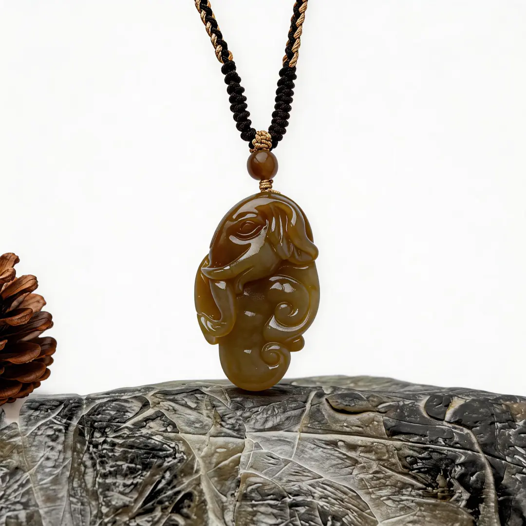 Hetian Jade Ruyi Pendant - Auspicious Luck Keepsake bead texture close-up with natural inclusions | QZZEN