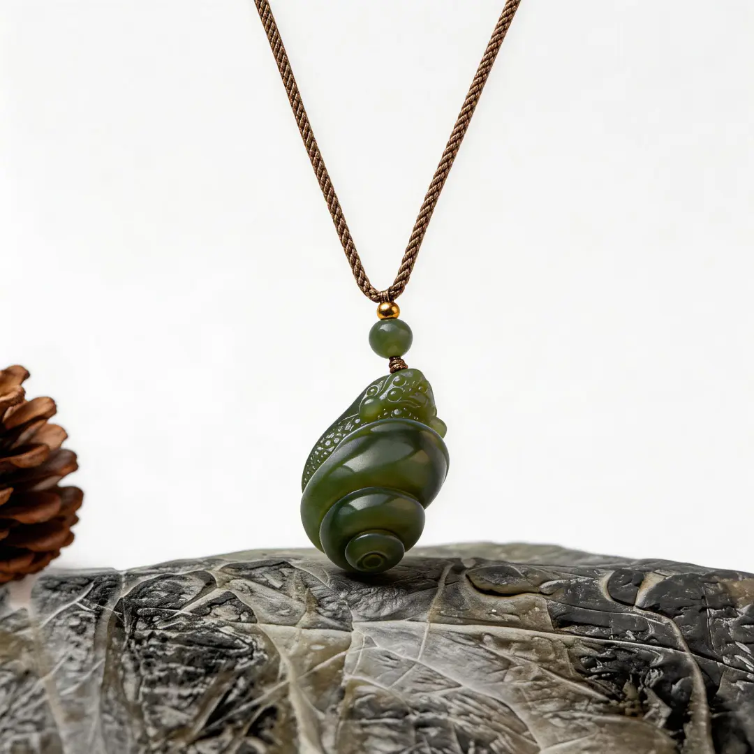 Hetian Jade Snail Pendant - Symbol of Persistence bead texture close-up with natural inclusions | QZZEN