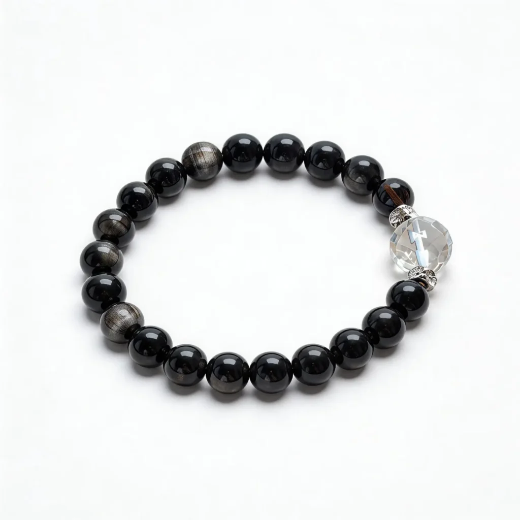 Silver Sheen Obsidian Clear Quartz Rune Bracelet