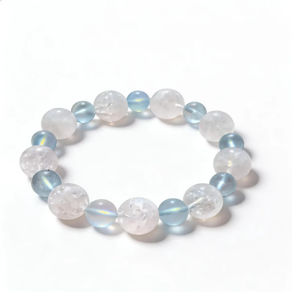 White Phantom Quartz Moonstone Aquamarine Bracelet