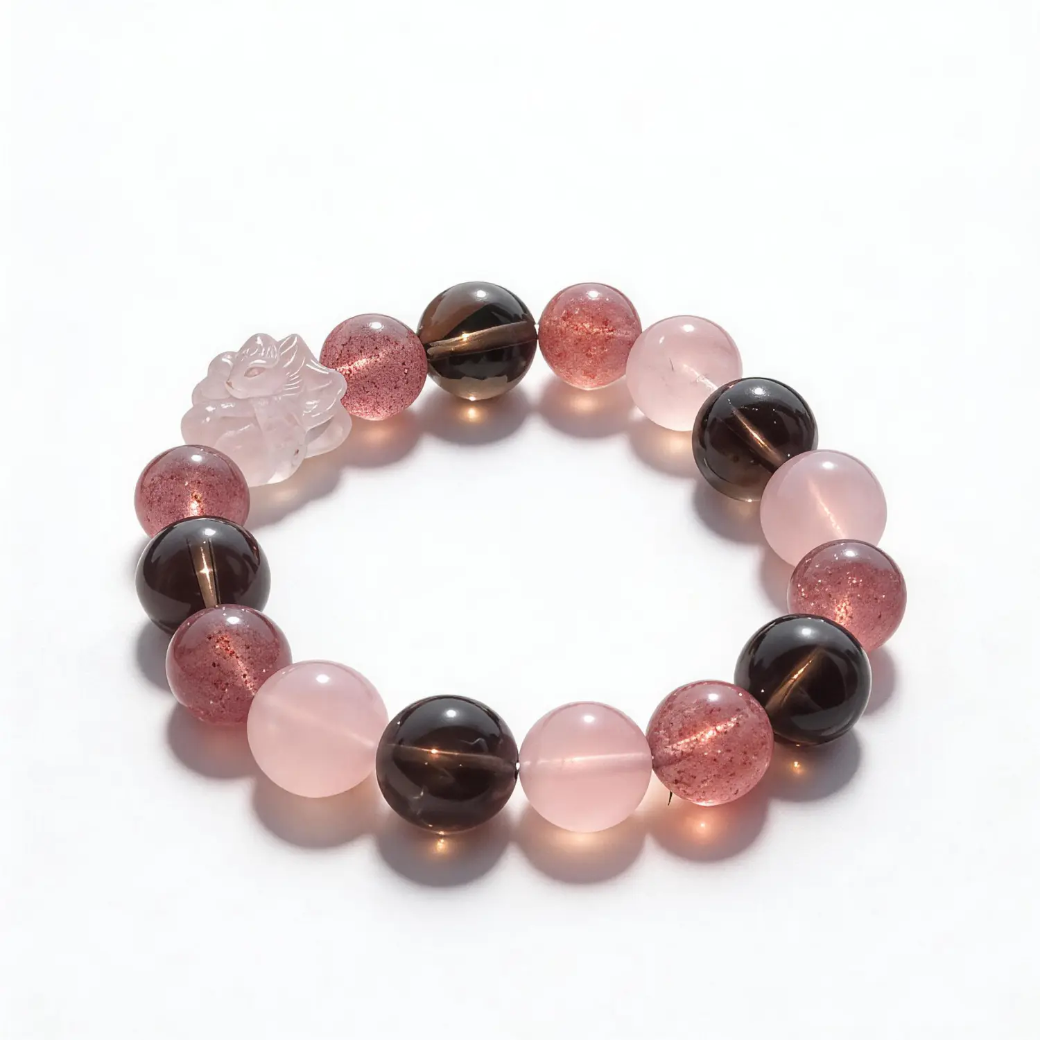 Rose Quartz Strawberry Quartz Smoky Quartz Bracelet – clean white background product photo | QZZEN