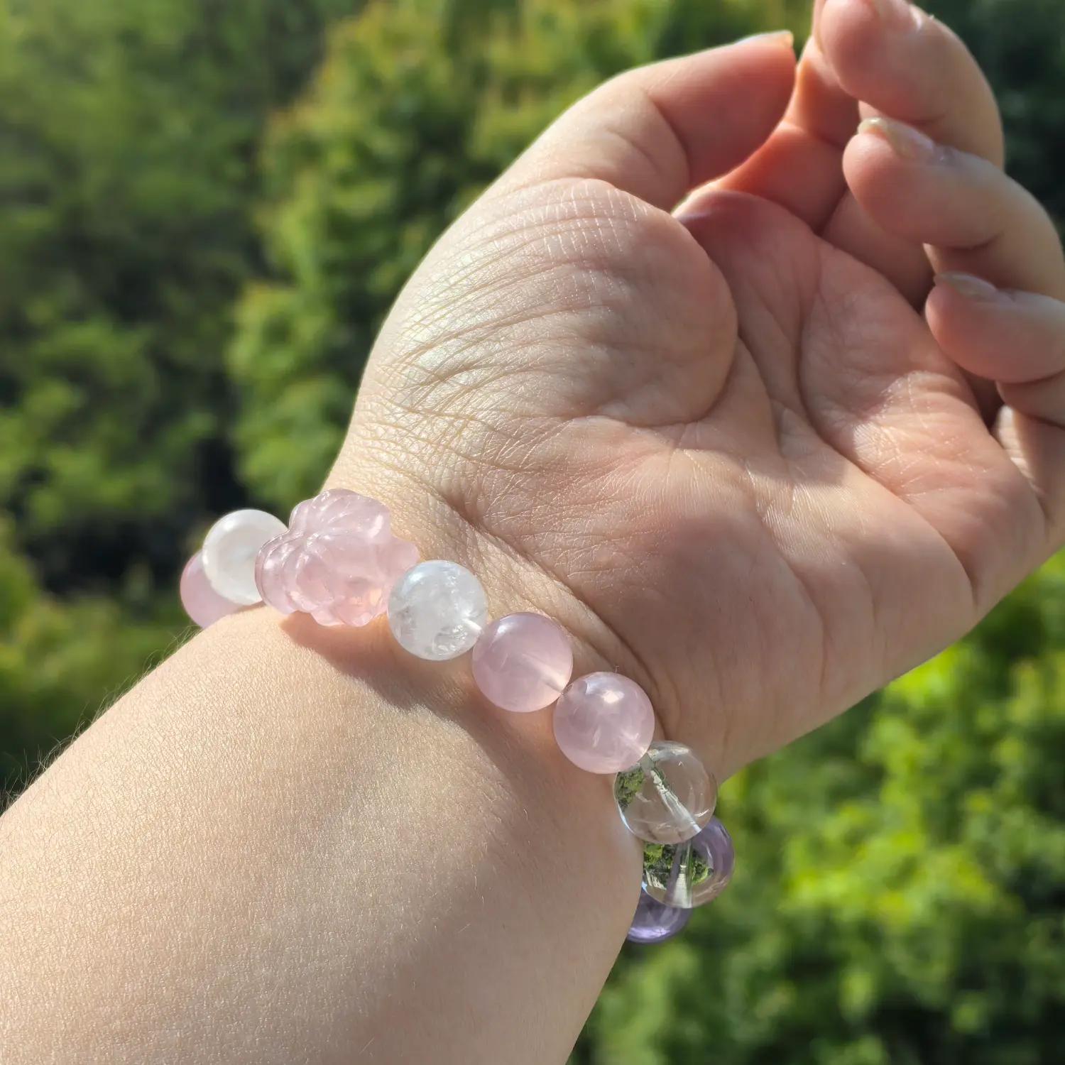 Lavender Amethyst Clear Quartz Rose Quartz Bracelet worn on wrist in natural light | QZZEN