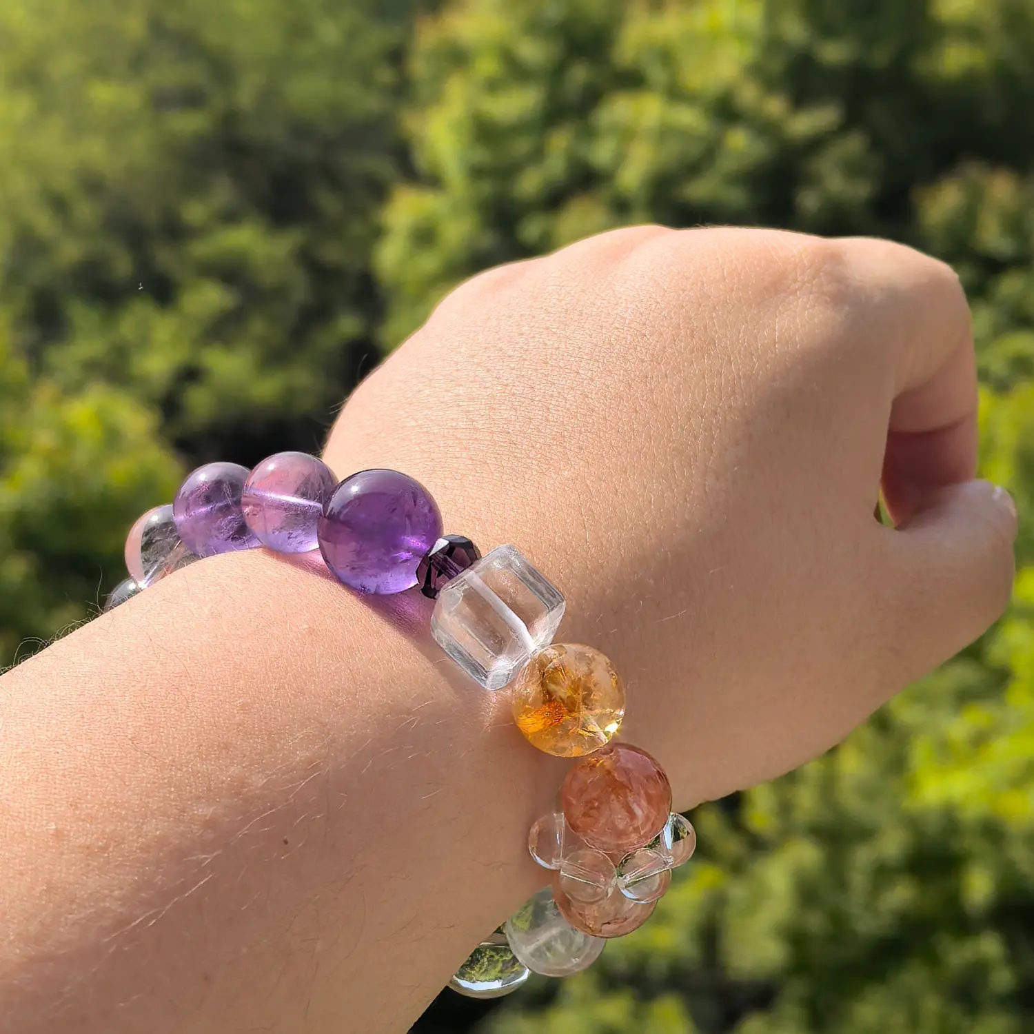 Amethyst Clear Quartz Citrine Bracelet worn on wrist in natural light | QZZEN