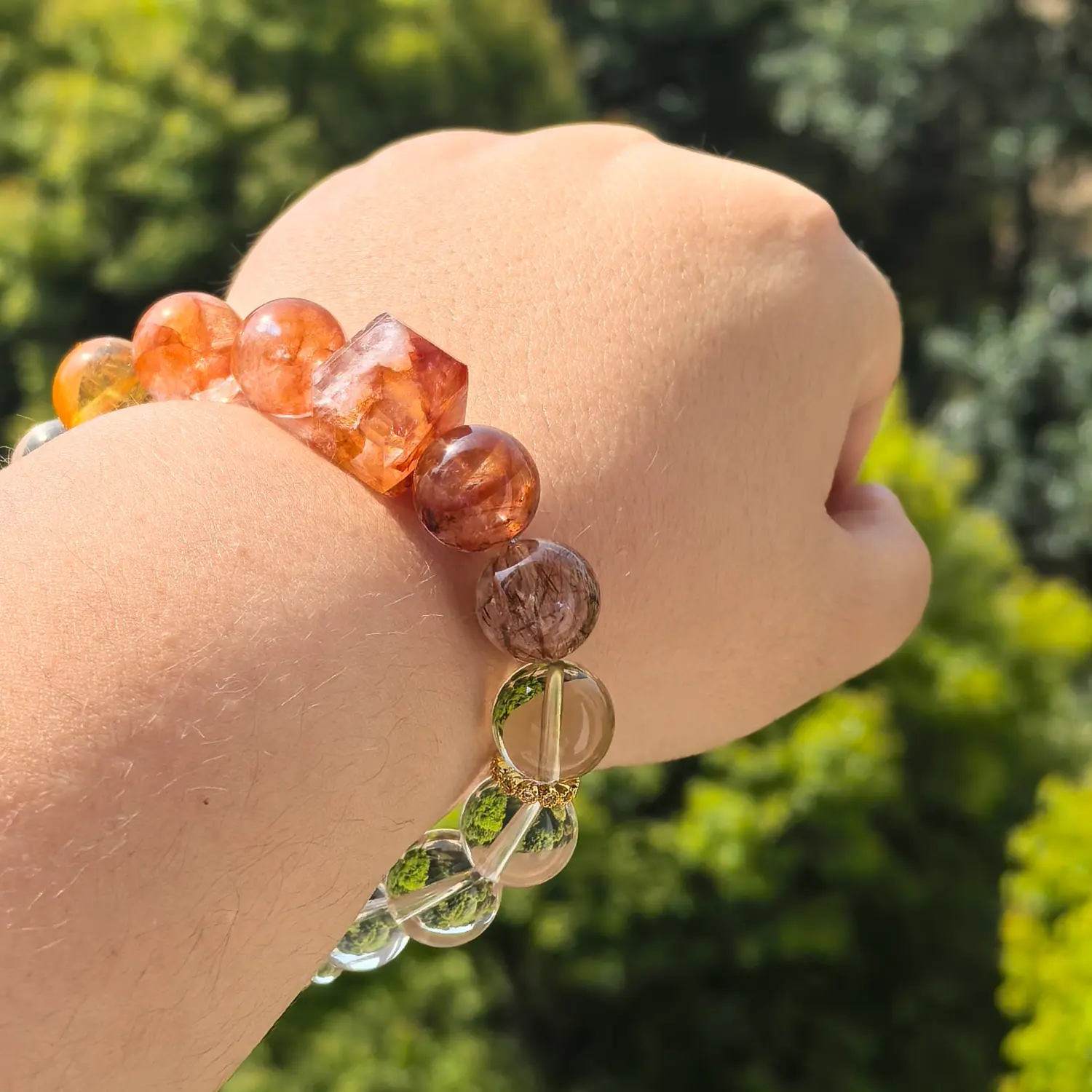Clear Quartz Citrine Red Hematoid Quartz Bracelet worn on wrist in natural light | QZZEN
