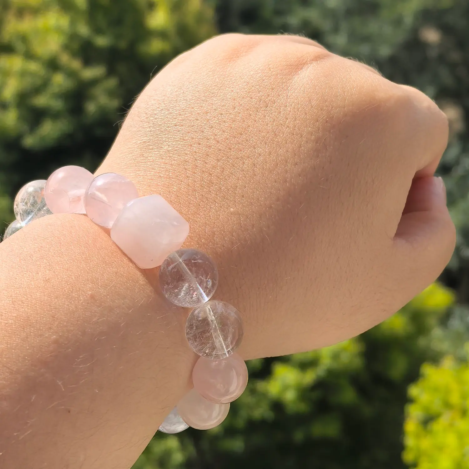 White Phantom Quartz Black Rutilated Quartz Bracelet worn on wrist in natural light | QZZEN
