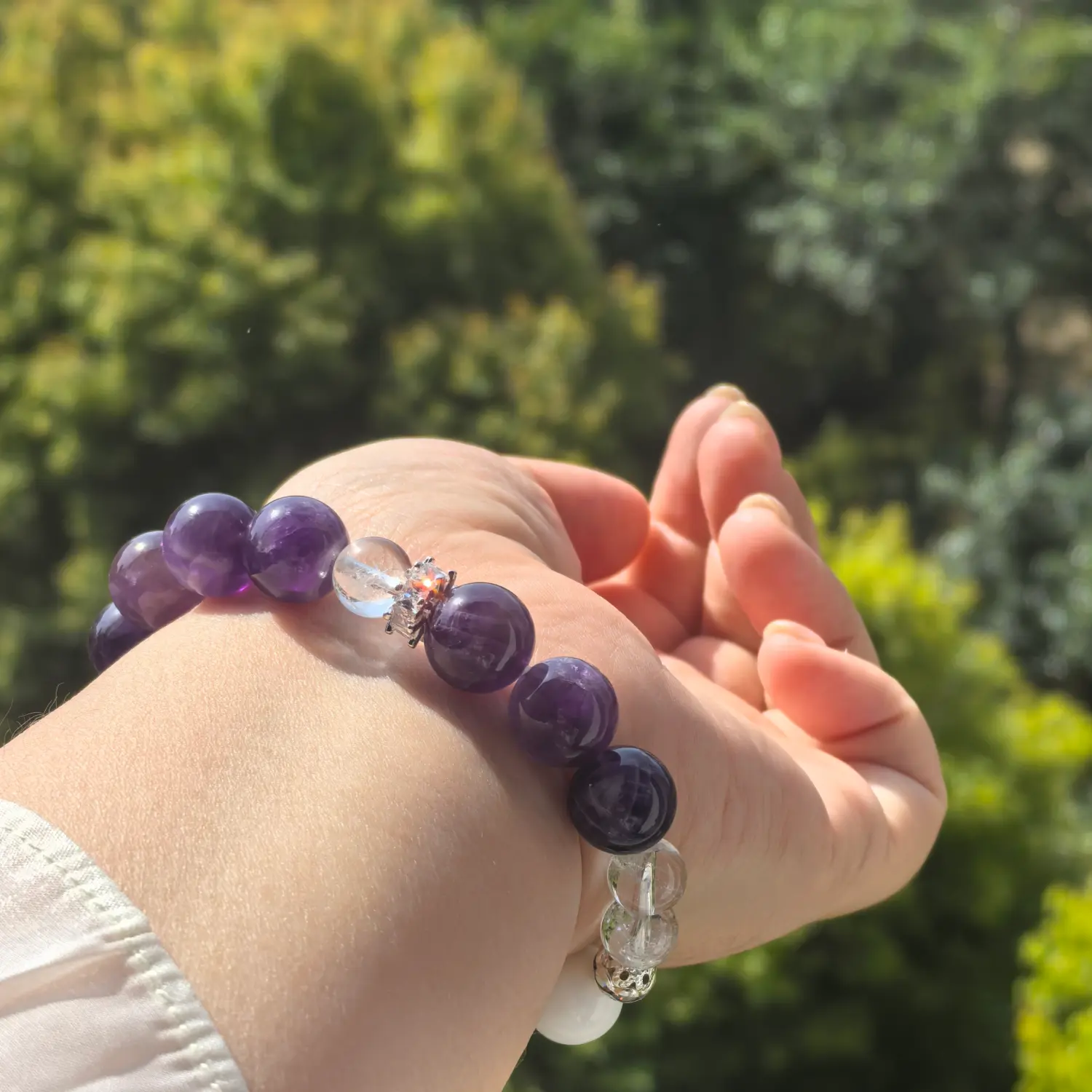 Amethyst Clear Quartz Mother of Pearl Bracelet worn on wrist in natural light | QZZEN