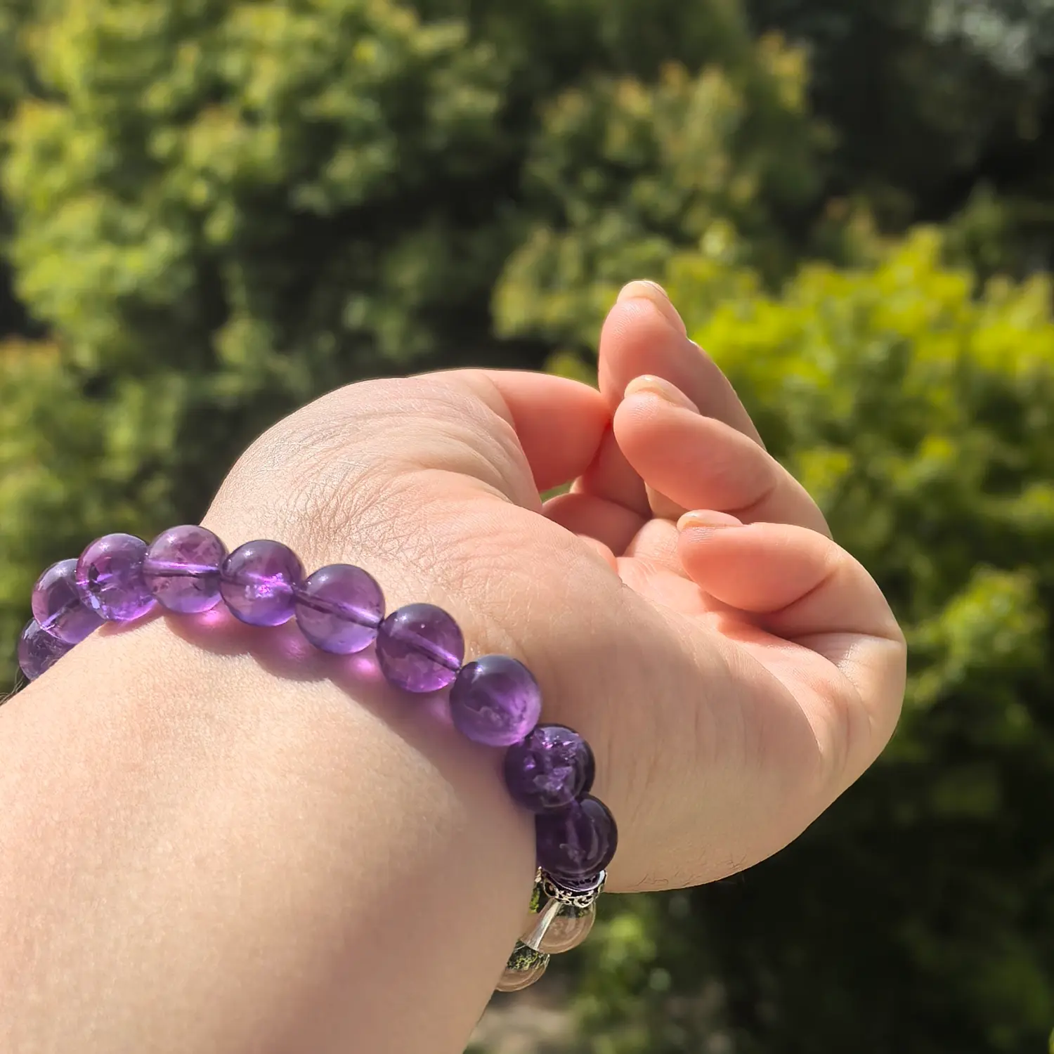 Amethyst Clear Quartz Smoky Quartz Bracelet worn on wrist in natural light | QZZEN