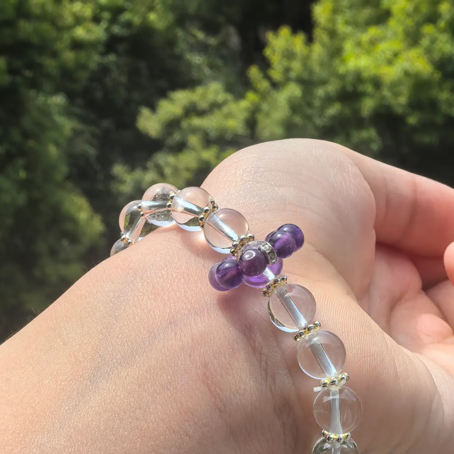 Amethyst Clear Quartz Bracelet worn on wrist in natural light | QZZEN