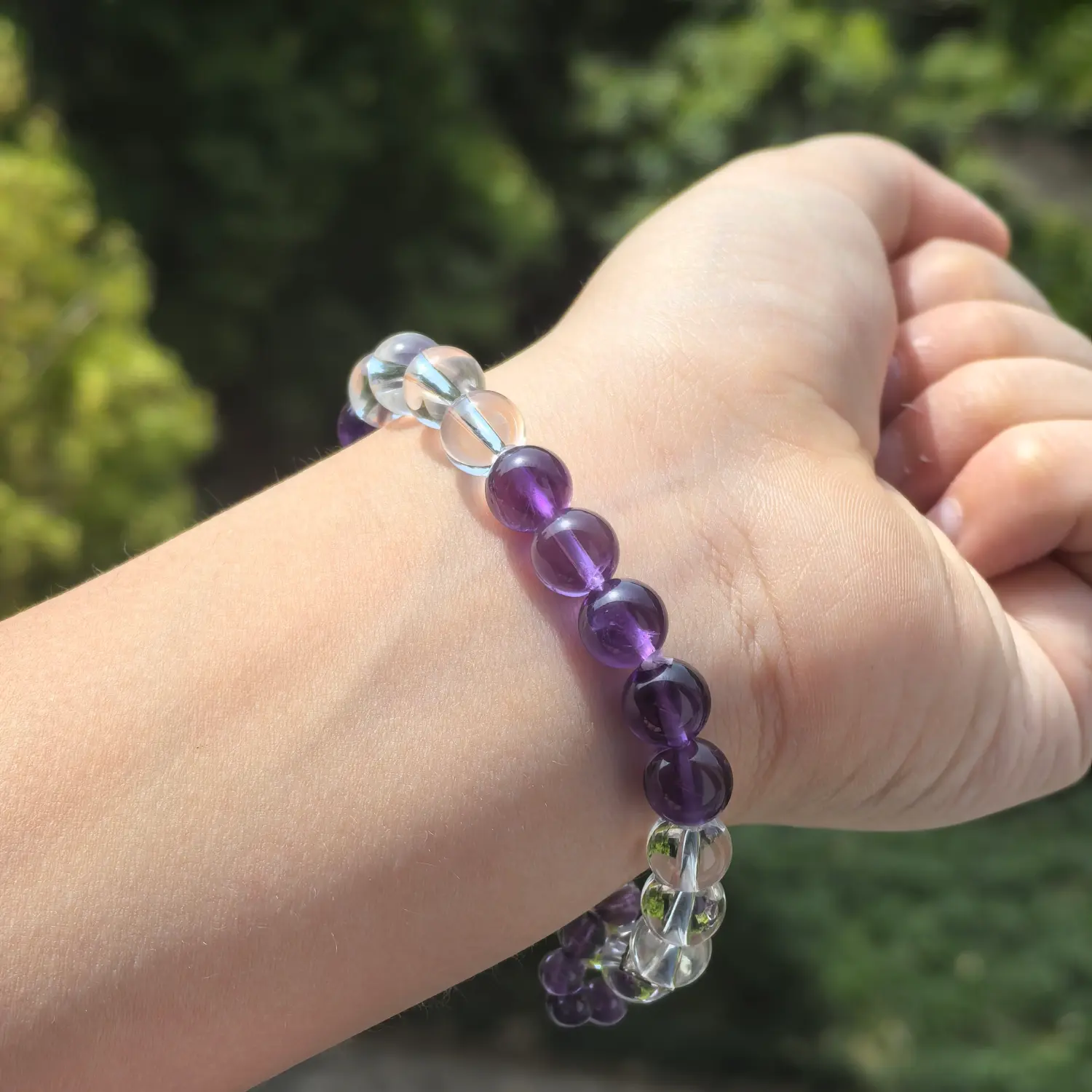 Amethyst Clear Quartz Bracelet worn on wrist in natural light | QZZEN