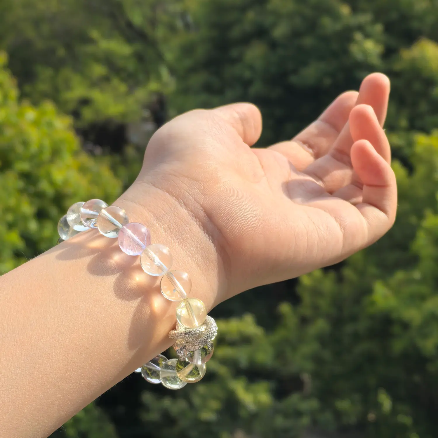Amethyst Clear Quartz Citrine Bracelet worn on wrist in natural light | QZZEN