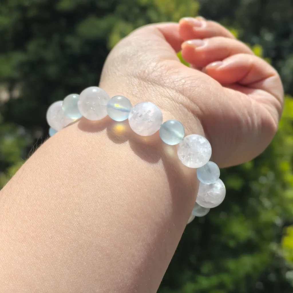White Phantom Quartz Moonstone Aquamarine Bracelet styled view