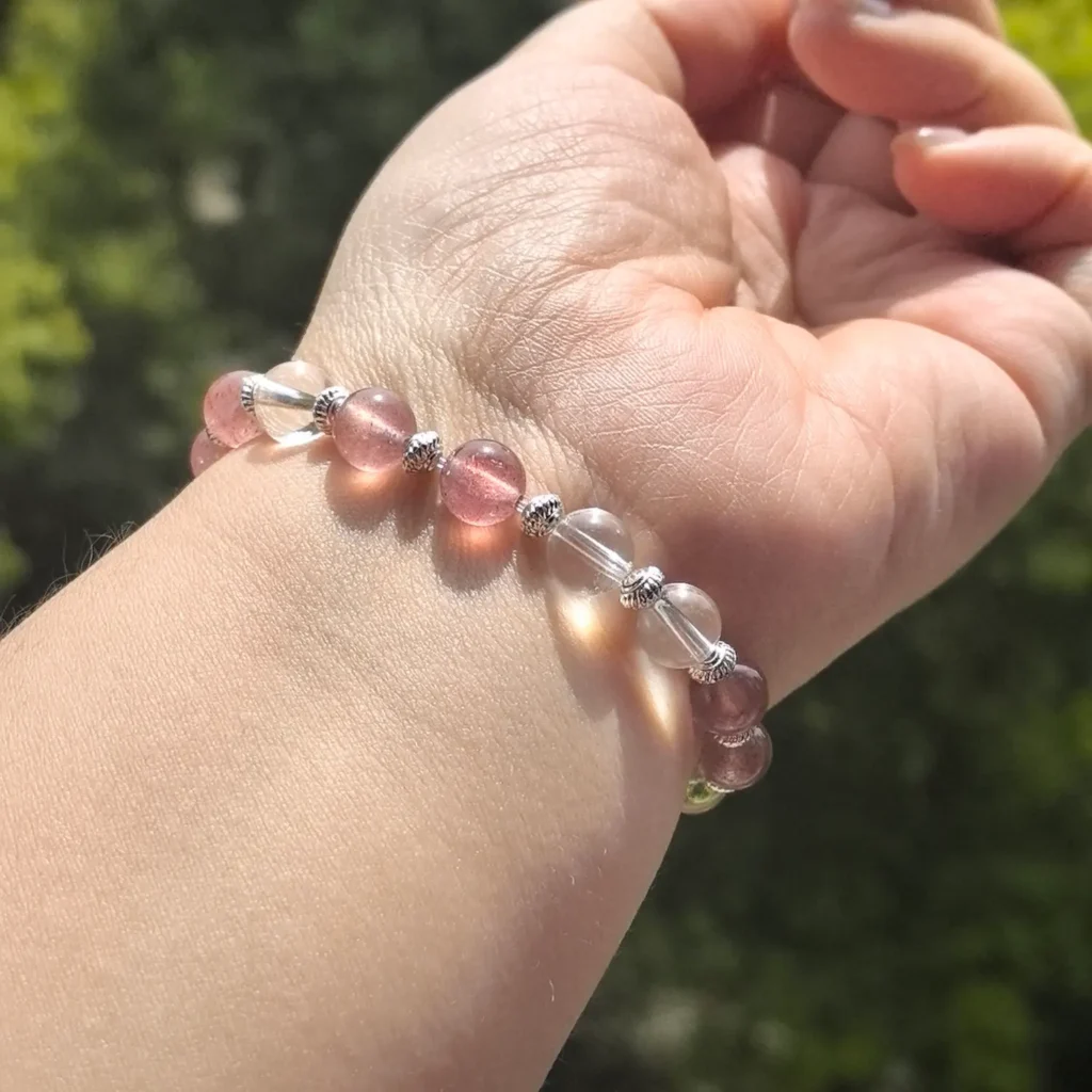 Clear Quartz Strawberry Quartz Bracelet styled view