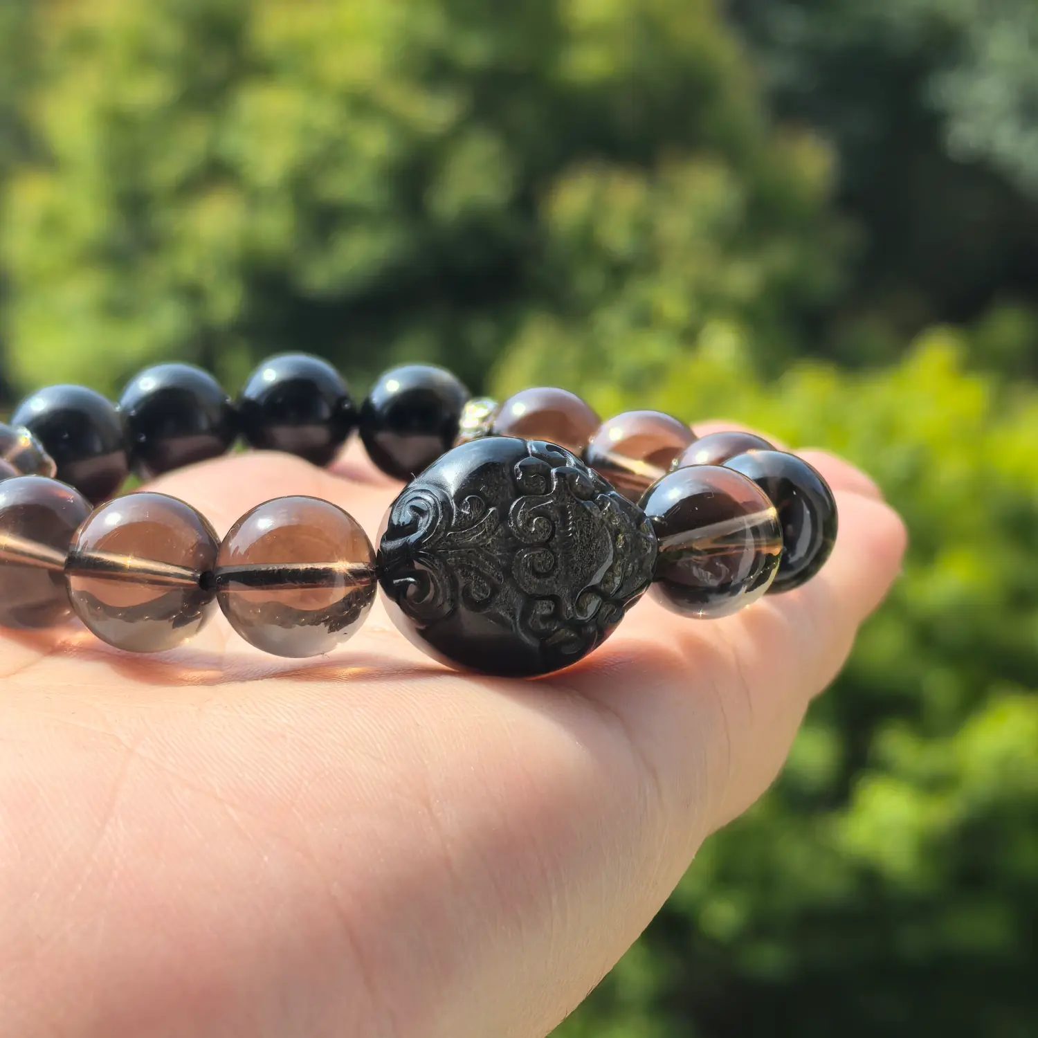 Obsidian Smoky Quartz Bracelet bead texture close-up with natural inclusions | QZZEN