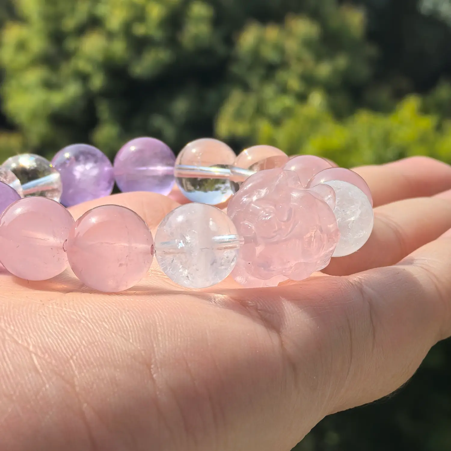 Lavender Amethyst Clear Quartz Rose Quartz Bracelet bead texture close-up with natural inclusions | QZZEN