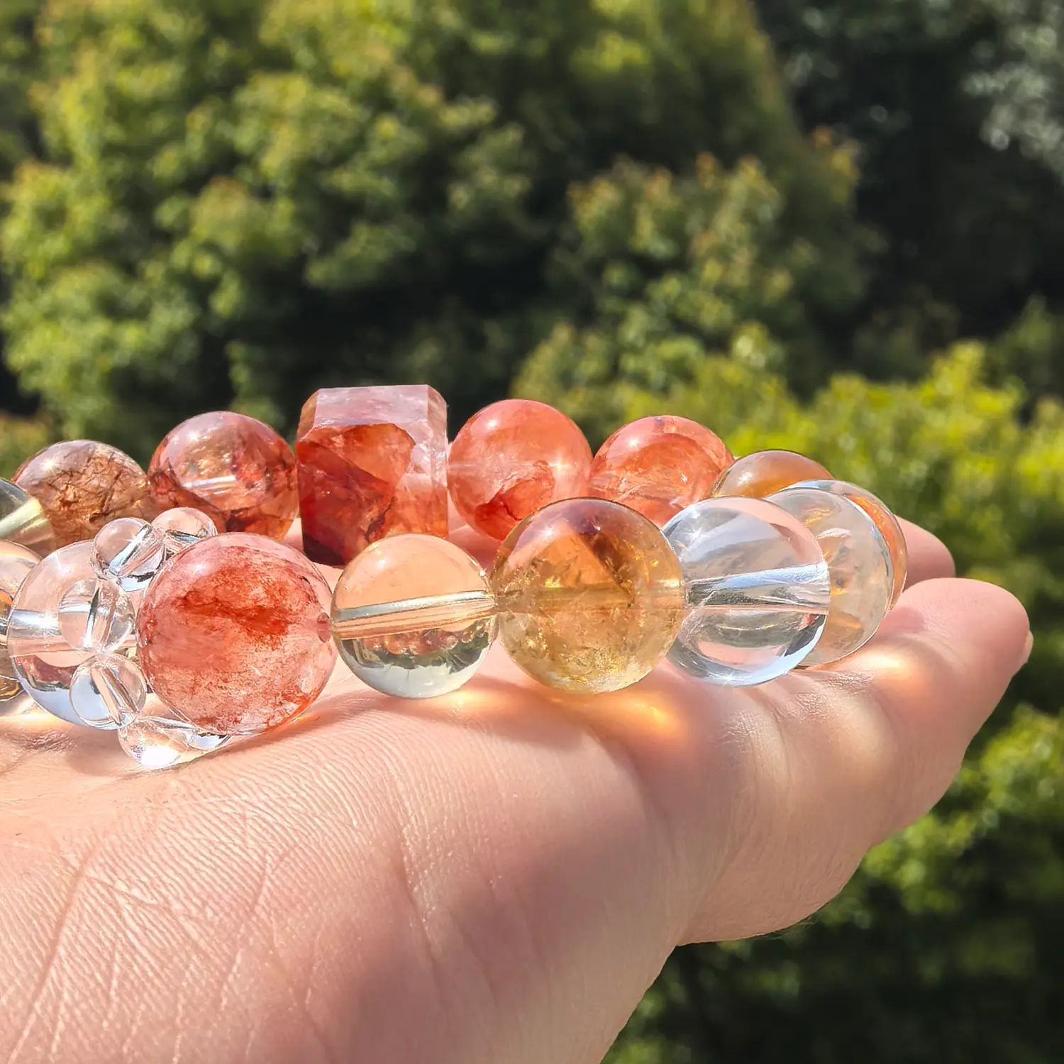Clear Quartz Citrine Red Hematoid Quartz Bracelet bead texture close-up with natural inclusions | QZZEN