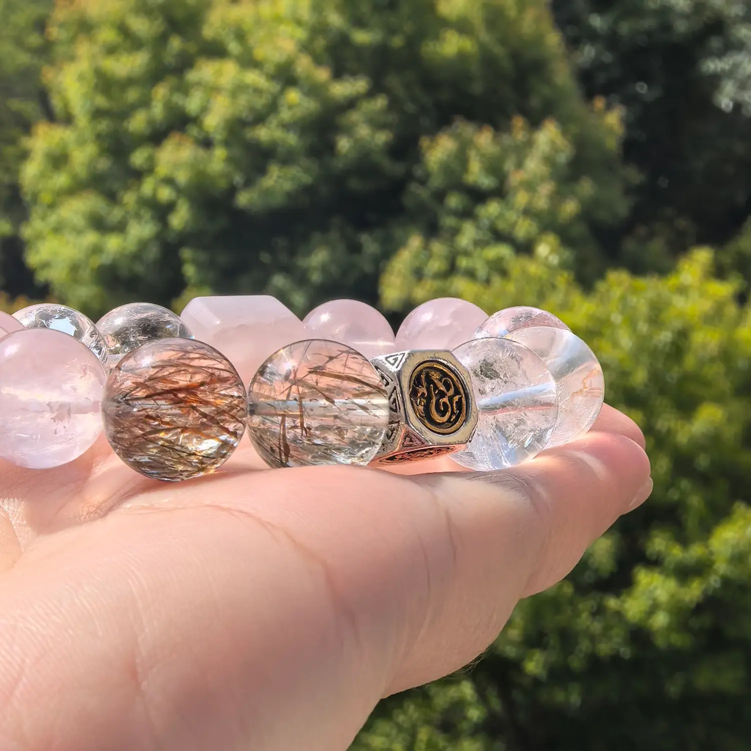 White Phantom Quartz Black Rutilated Quartz Bracelet bead texture close-up with natural inclusions | QZZEN