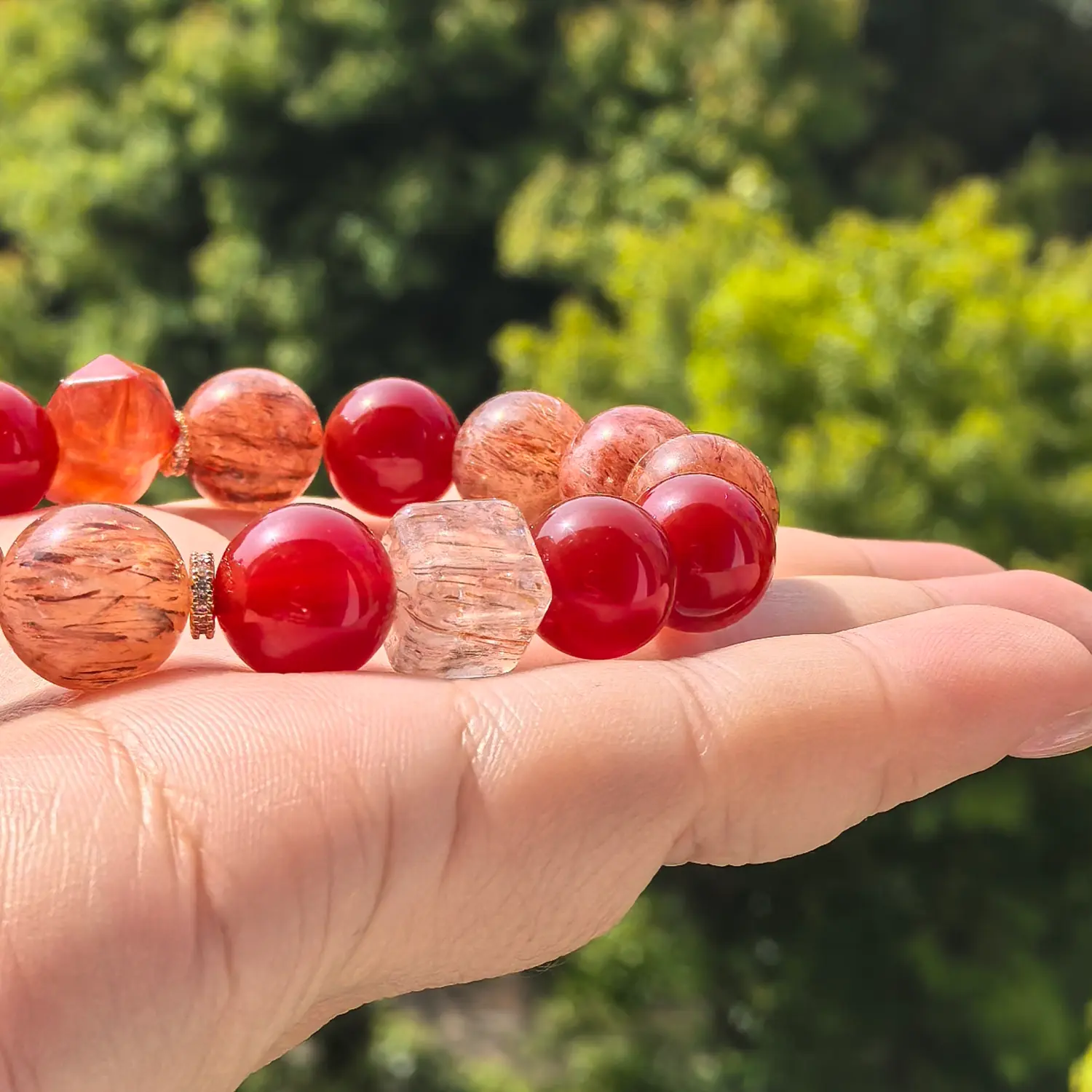 Copper Rutilated Quartz Red Agate Bracelet bead texture close-up with natural inclusions | QZZEN