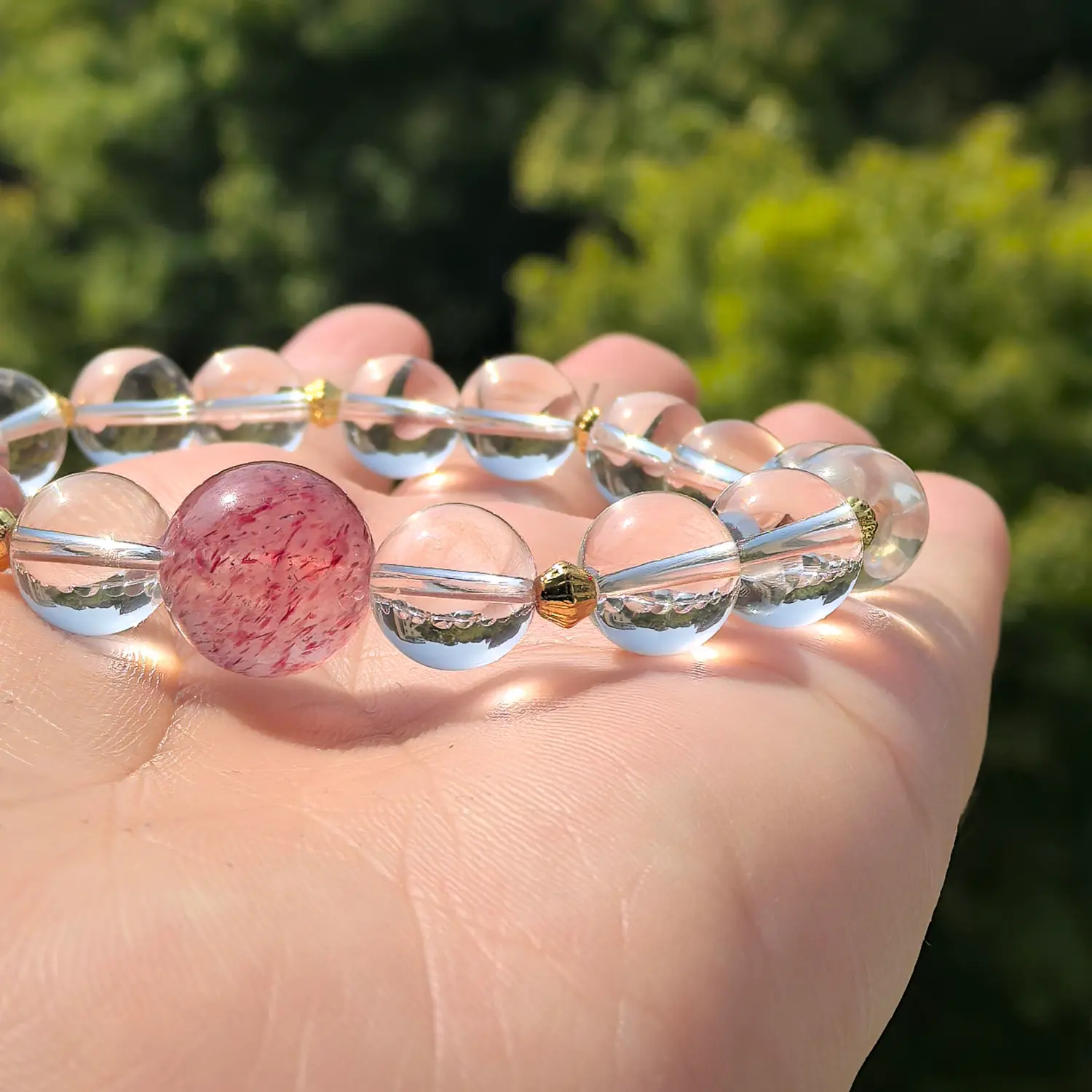 Clear Quartz Strawberry Quartz Bracelet bead texture close-up with natural inclusions | QZZEN