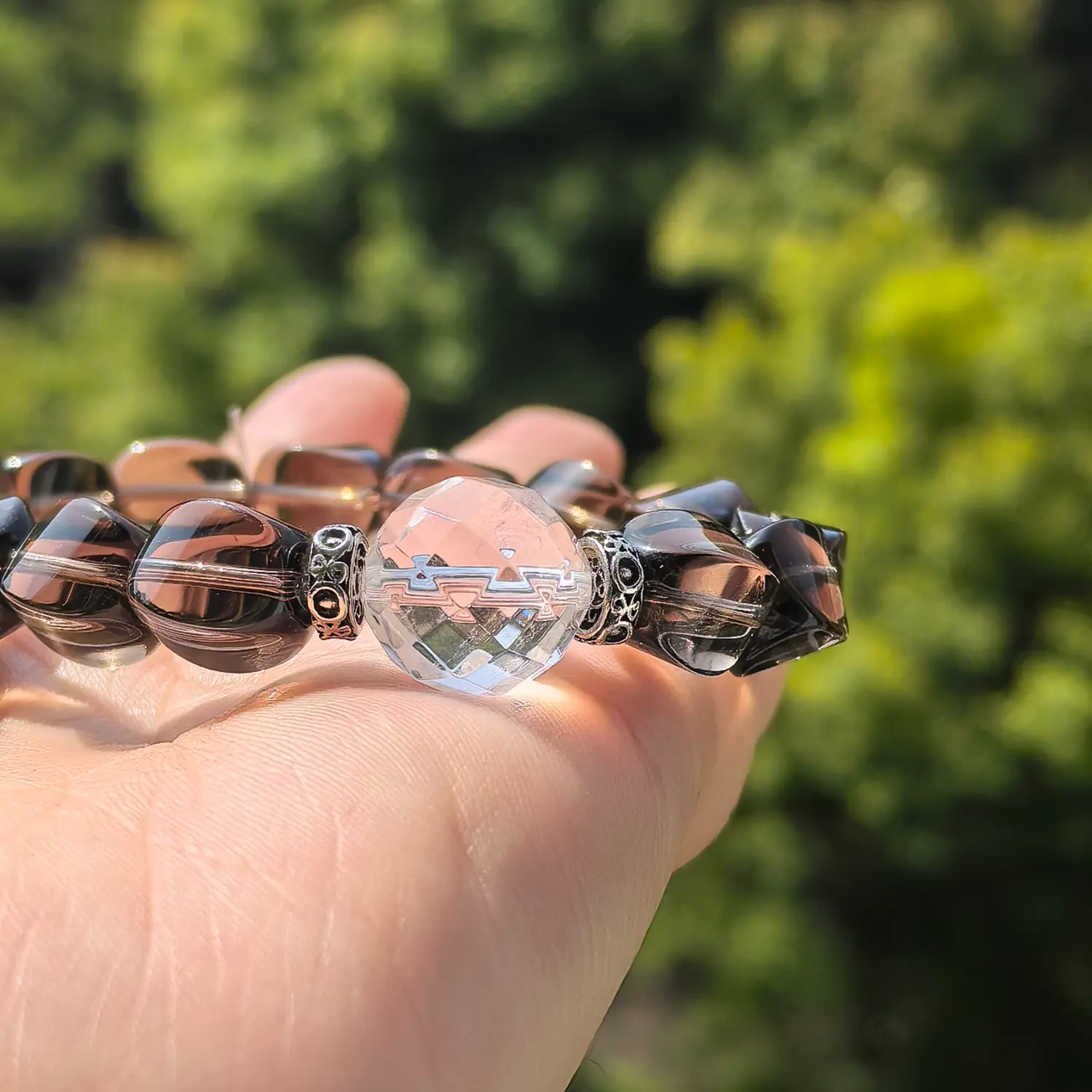 Clear Quartz Smoky Quartz Bracelet bead texture close-up with natural inclusions | QZZEN