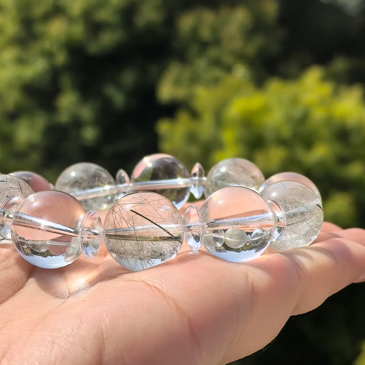 Clear Quartz Green Rutilated Quartz Bracelet bead texture close-up with natural inclusions | QZZEN