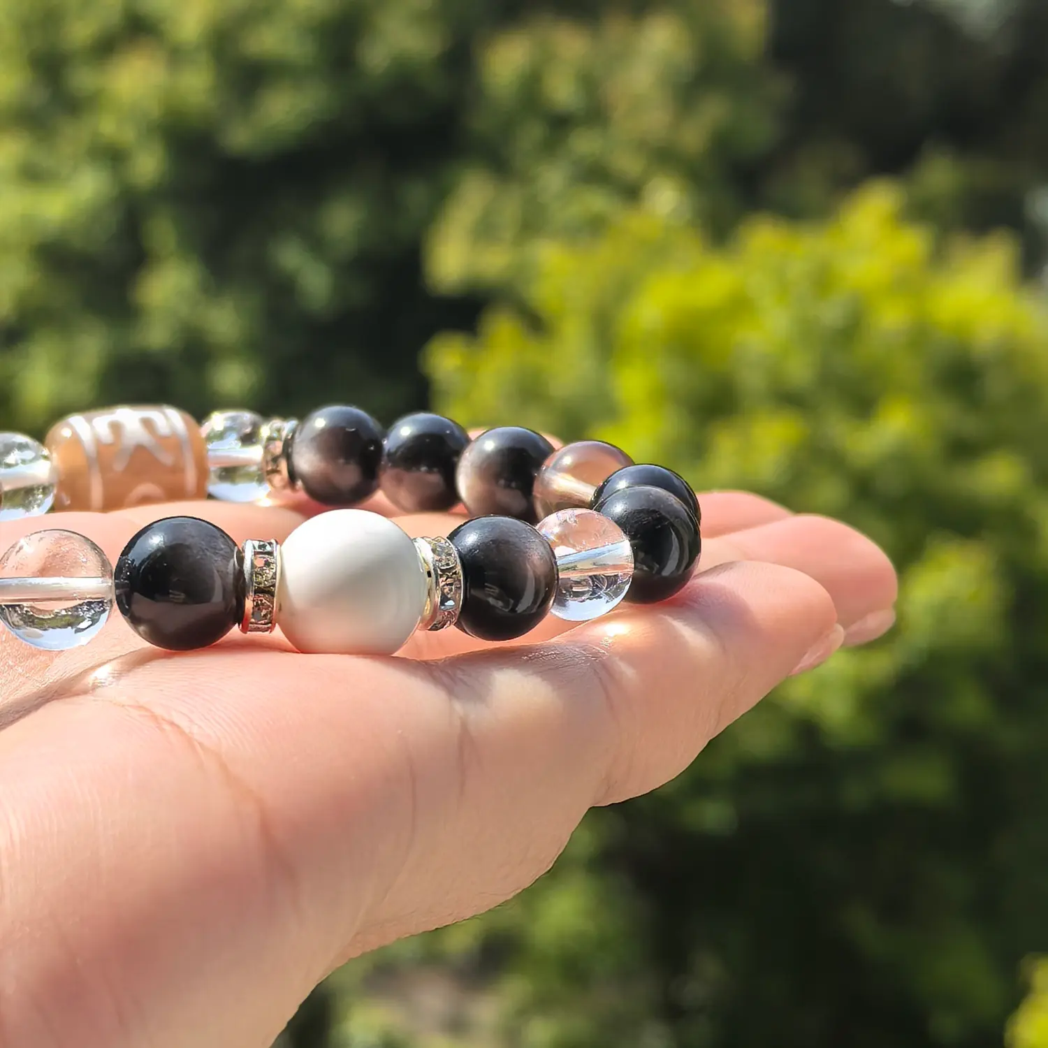 Clear Quartz Silver Obsidian Bracelet bead texture close-up with natural inclusions | QZZEN