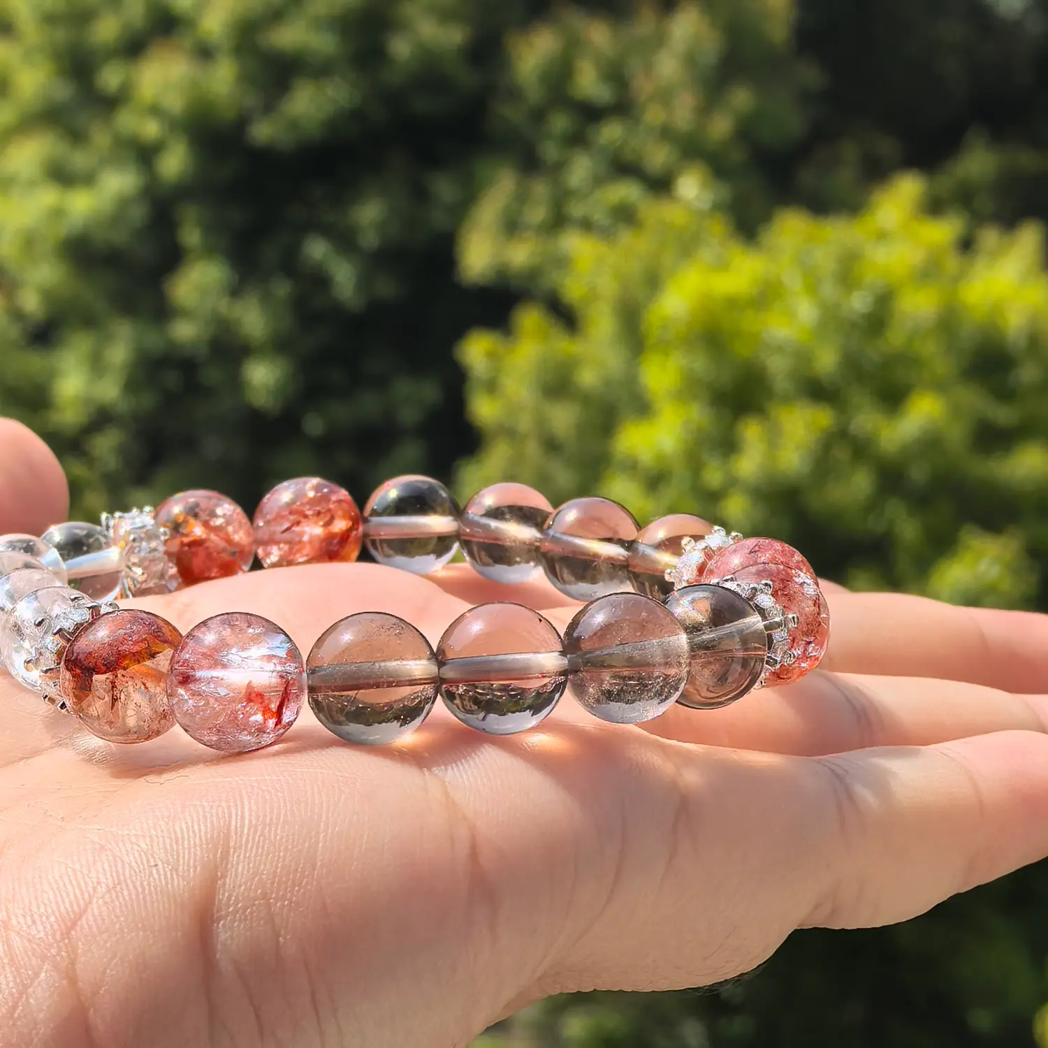 Clear Quartz Red Hematoid Quartz Bracelet bead texture close-up with natural inclusions | QZZEN