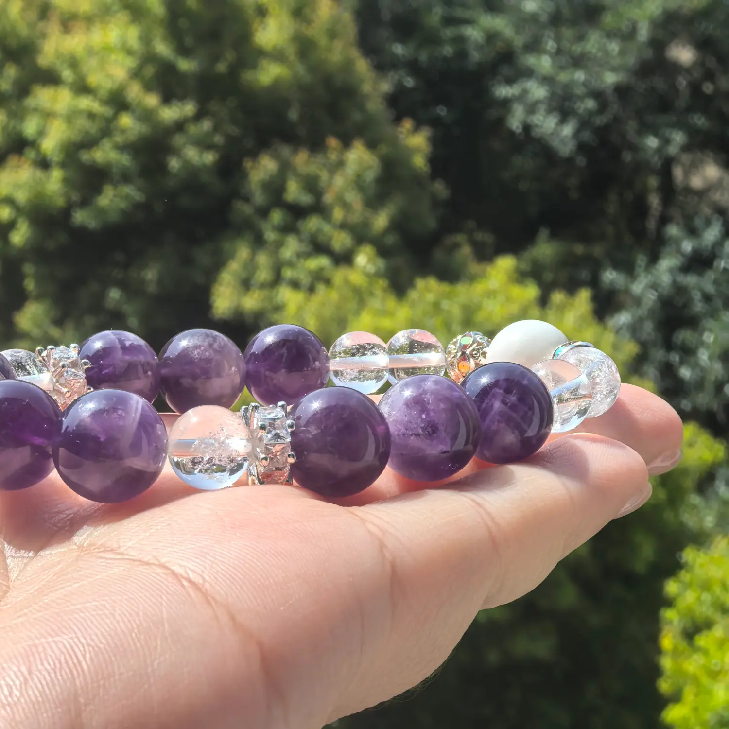 Amethyst Clear Quartz Mother of Pearl Bracelet bead texture close-up with natural inclusions | QZZEN