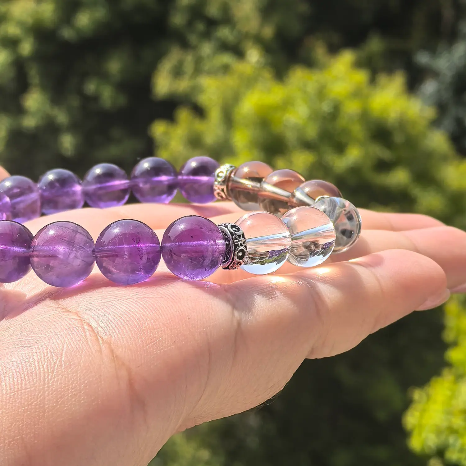 Amethyst Clear Quartz Smoky Quartz Bracelet bead texture close-up with natural inclusions | QZZEN