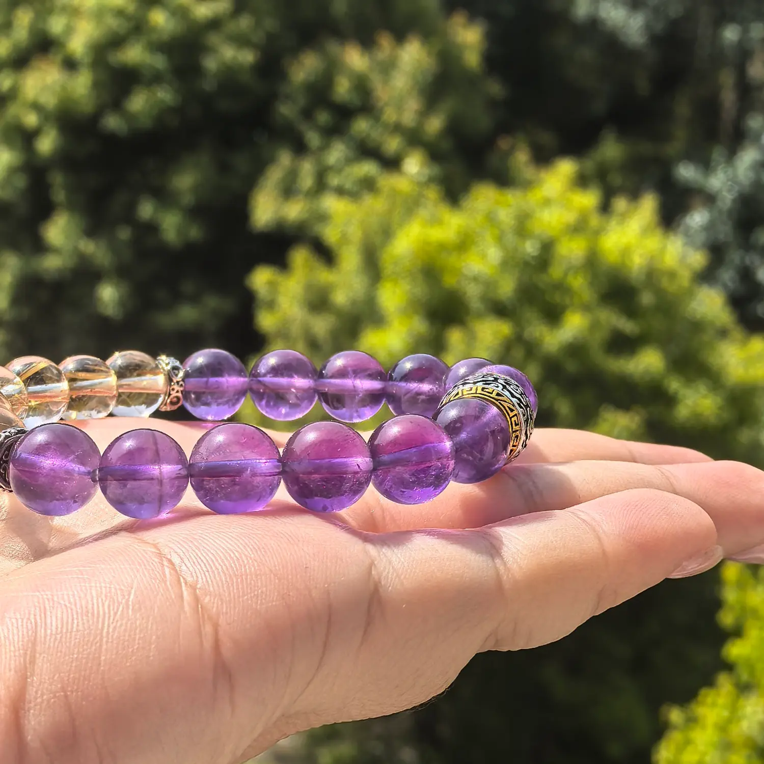 Amethyst Rutilated Quartz Bracelet bead texture close-up with natural inclusions | QZZEN