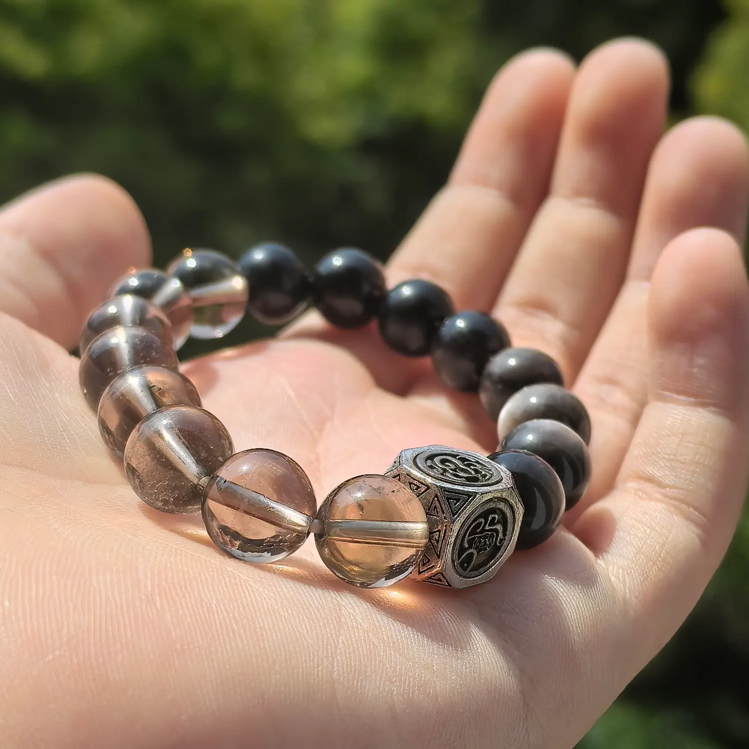 Clear Quartz Obsidian Smoky Quartz Bracelet bead texture close-up with natural inclusions | QZZEN