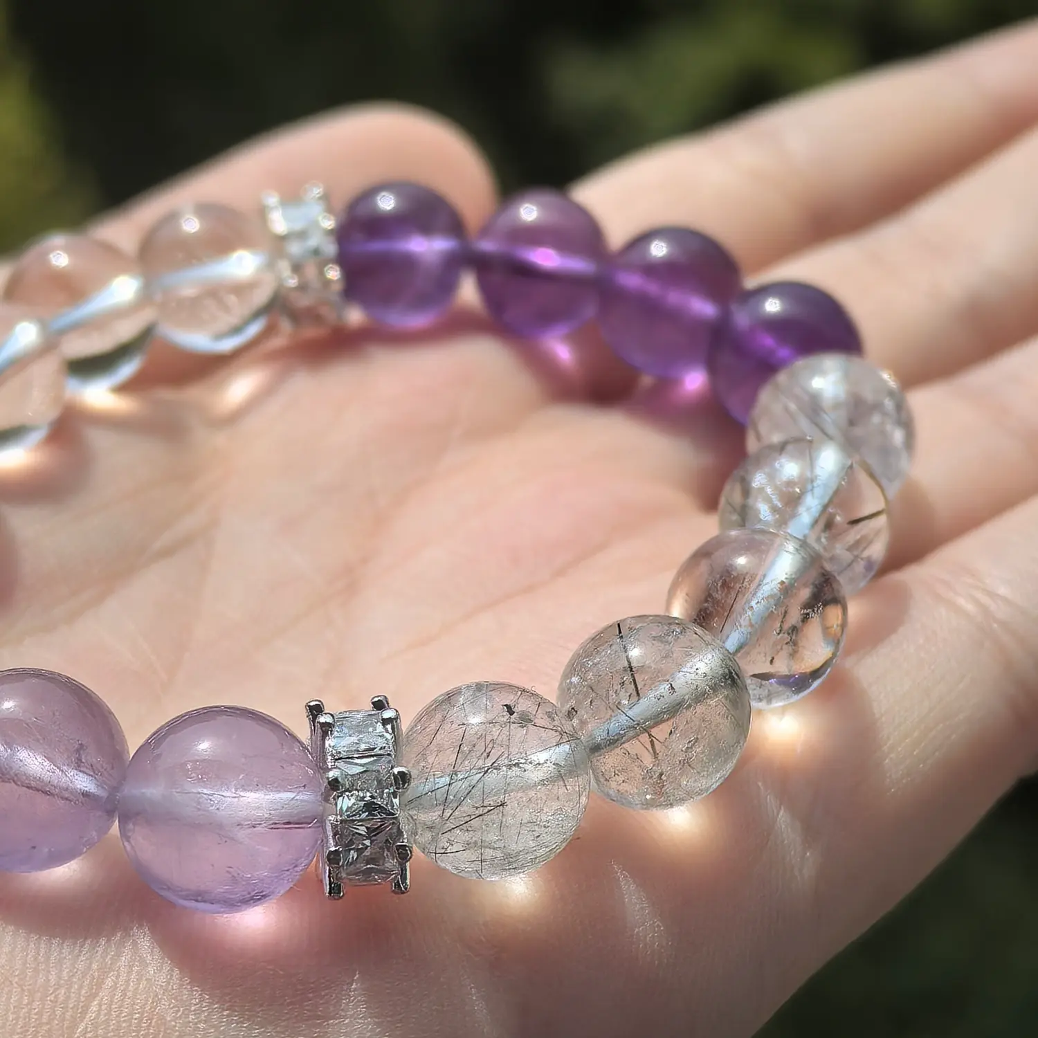 Amethyst Black Rutilated Quartz Rose Quartz Bracelet bead texture close-up with natural inclusions | QZZEN