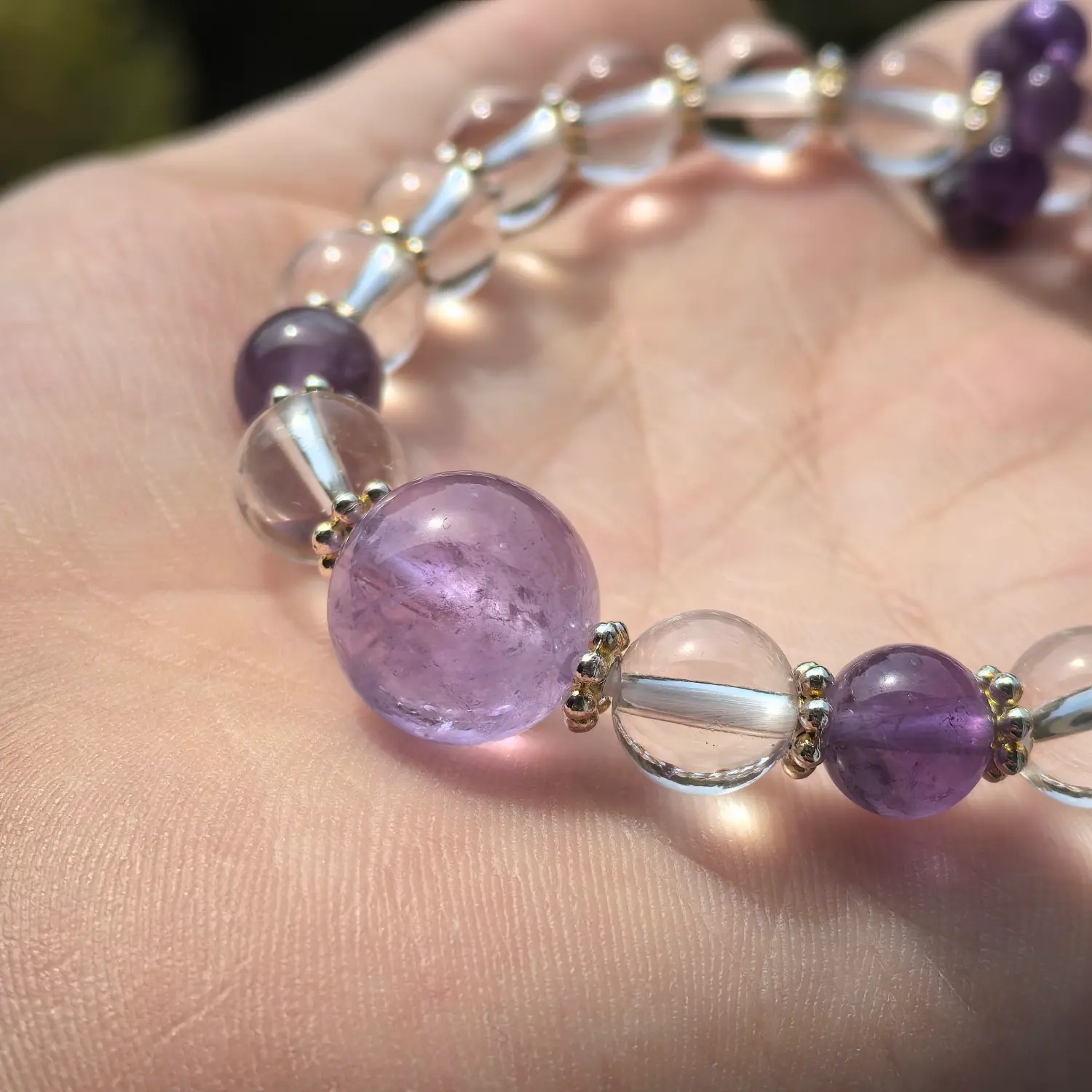 Amethyst Clear Quartz Bracelet bead texture close-up with natural inclusions | QZZEN