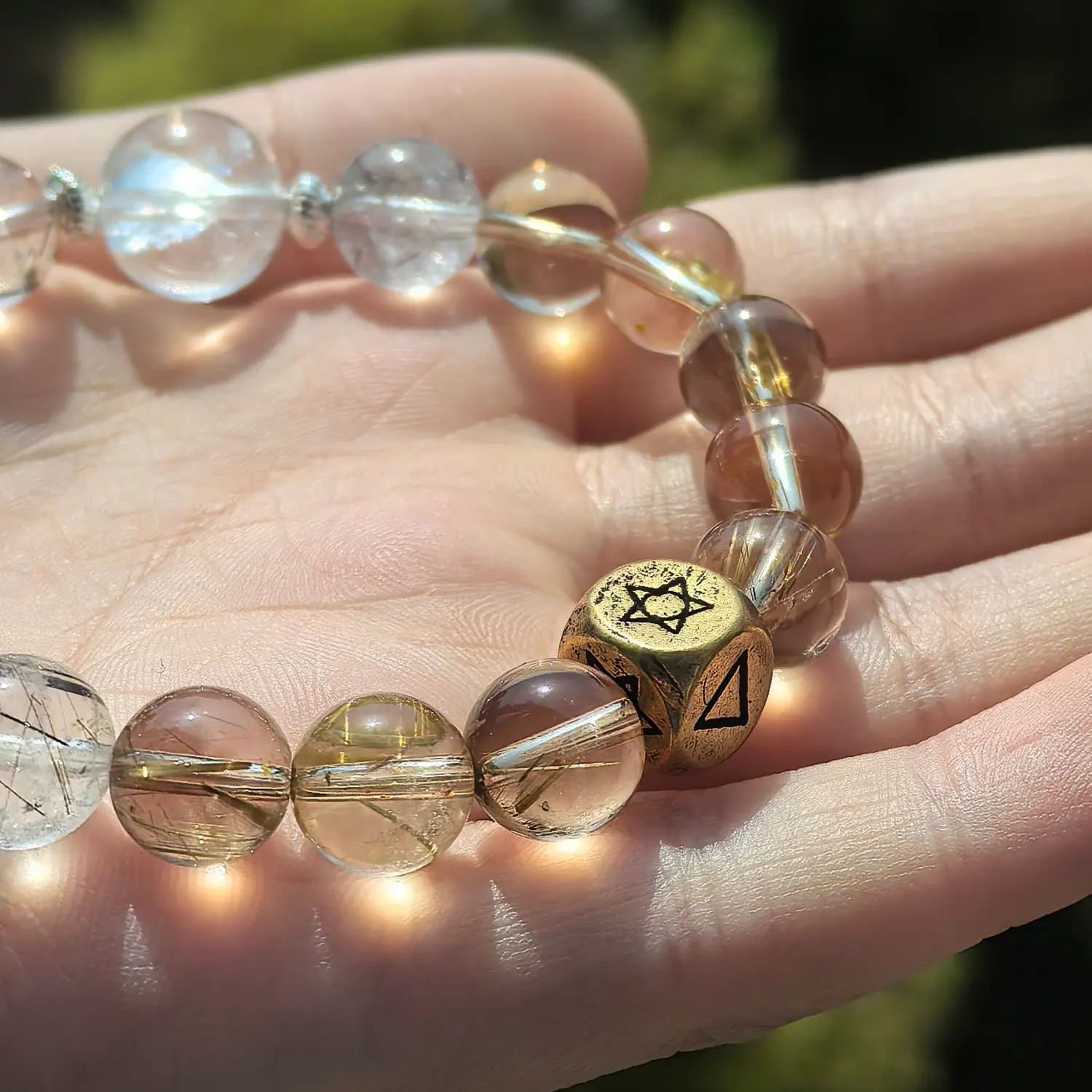 Clear Quartz Rutilated Quartz Smoky Quartz Bracelet bead texture close-up with natural inclusions | QZZEN
