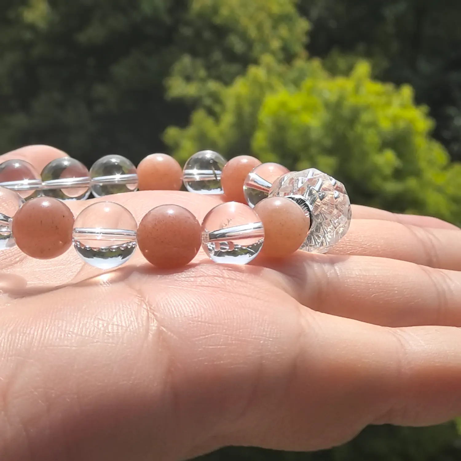 Clear Quartz Sunstone Bracelet bead texture close-up with natural inclusions | QZZEN