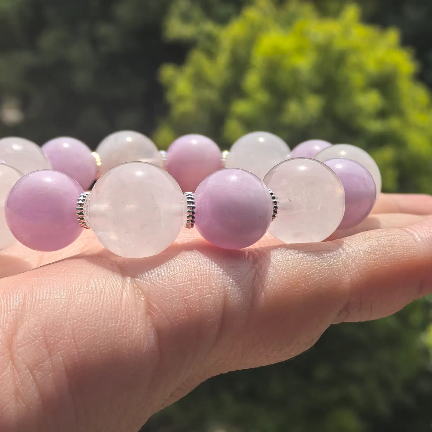Rose Quartz Kunzite Bracelet bead texture close-up with natural inclusions | QZZEN
