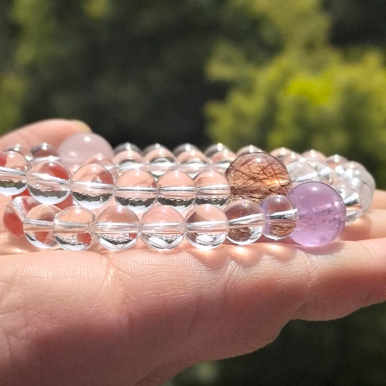 Amethyst Rose Quartz Clear Quartz Bracelet bead texture close-up with natural inclusions | QZZEN