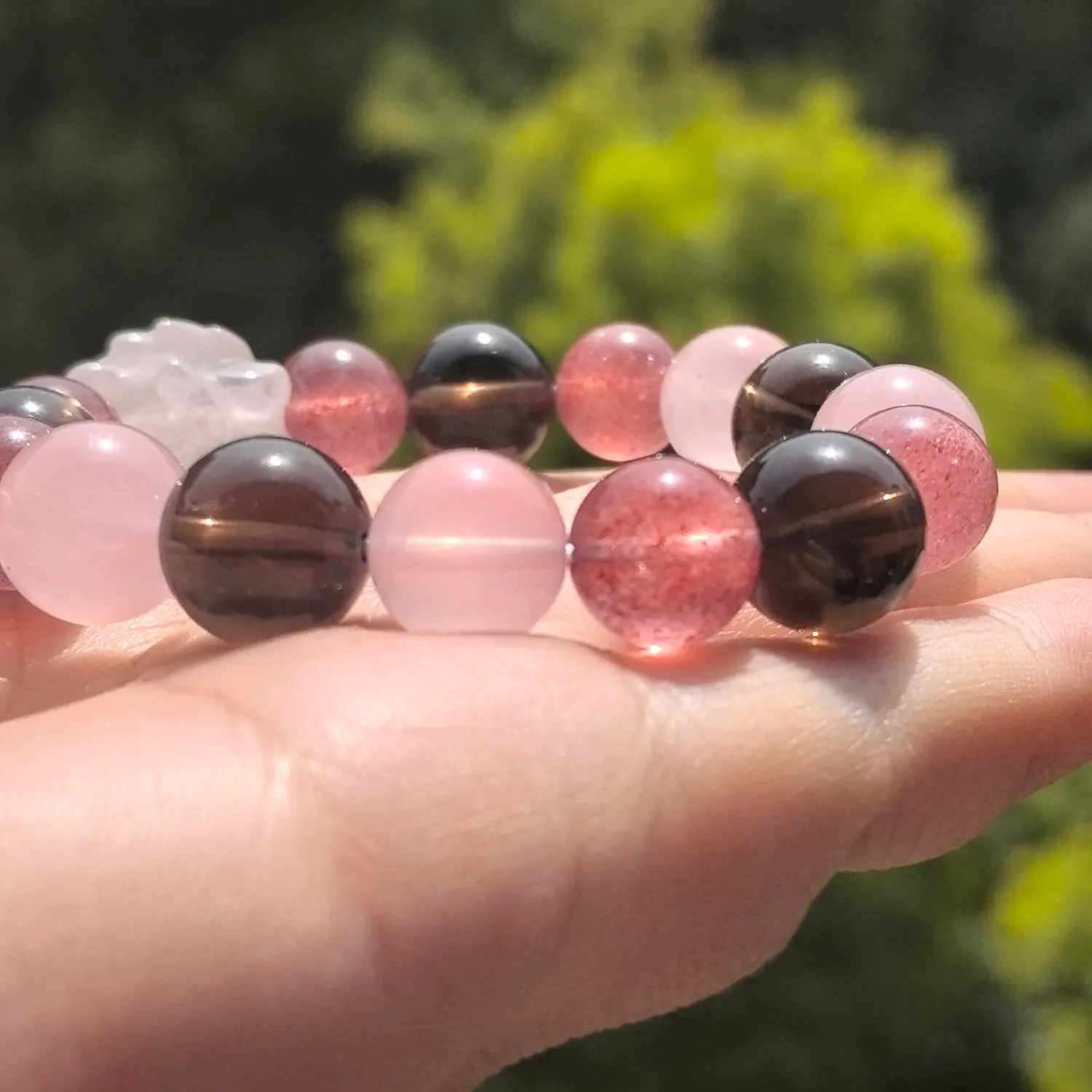 Rose Quartz Strawberry Quartz Smoky Quartz Bracelet bead texture close-up with natural inclusions | QZZEN