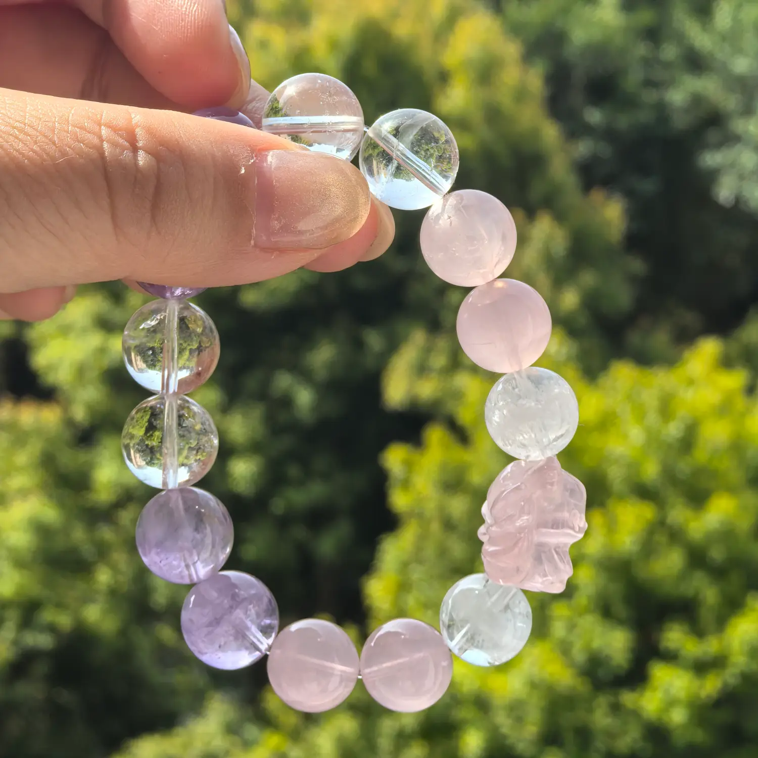 Lavender Amethyst Clear Quartz Rose Quartz Bracelet styled flat lay with calm ritual details | QZZEN
