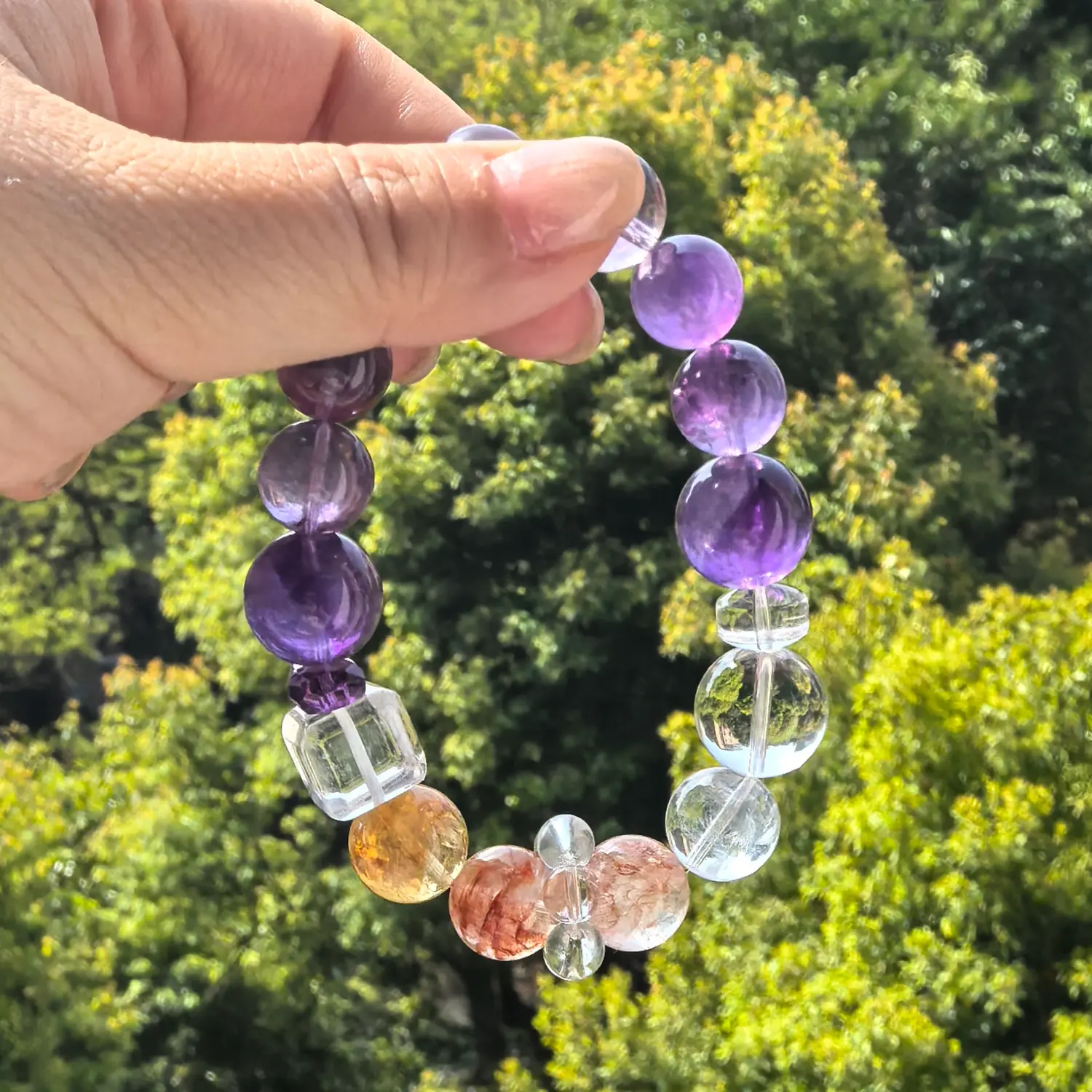 Amethyst Clear Quartz Citrine Bracelet styled flat lay with calm ritual details | QZZEN