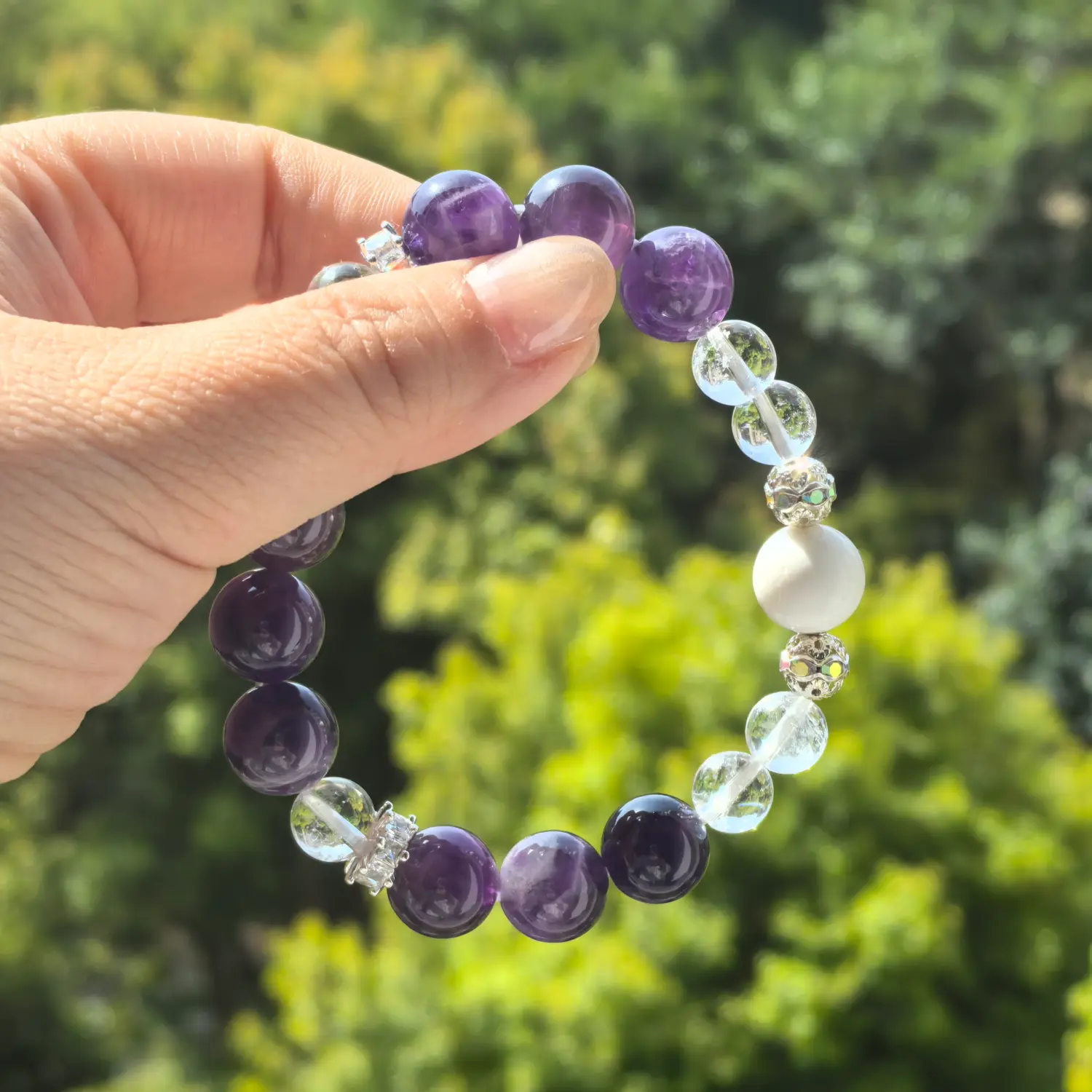 Amethyst Clear Quartz Mother of Pearl Bracelet styled flat lay with calm ritual details | QZZEN