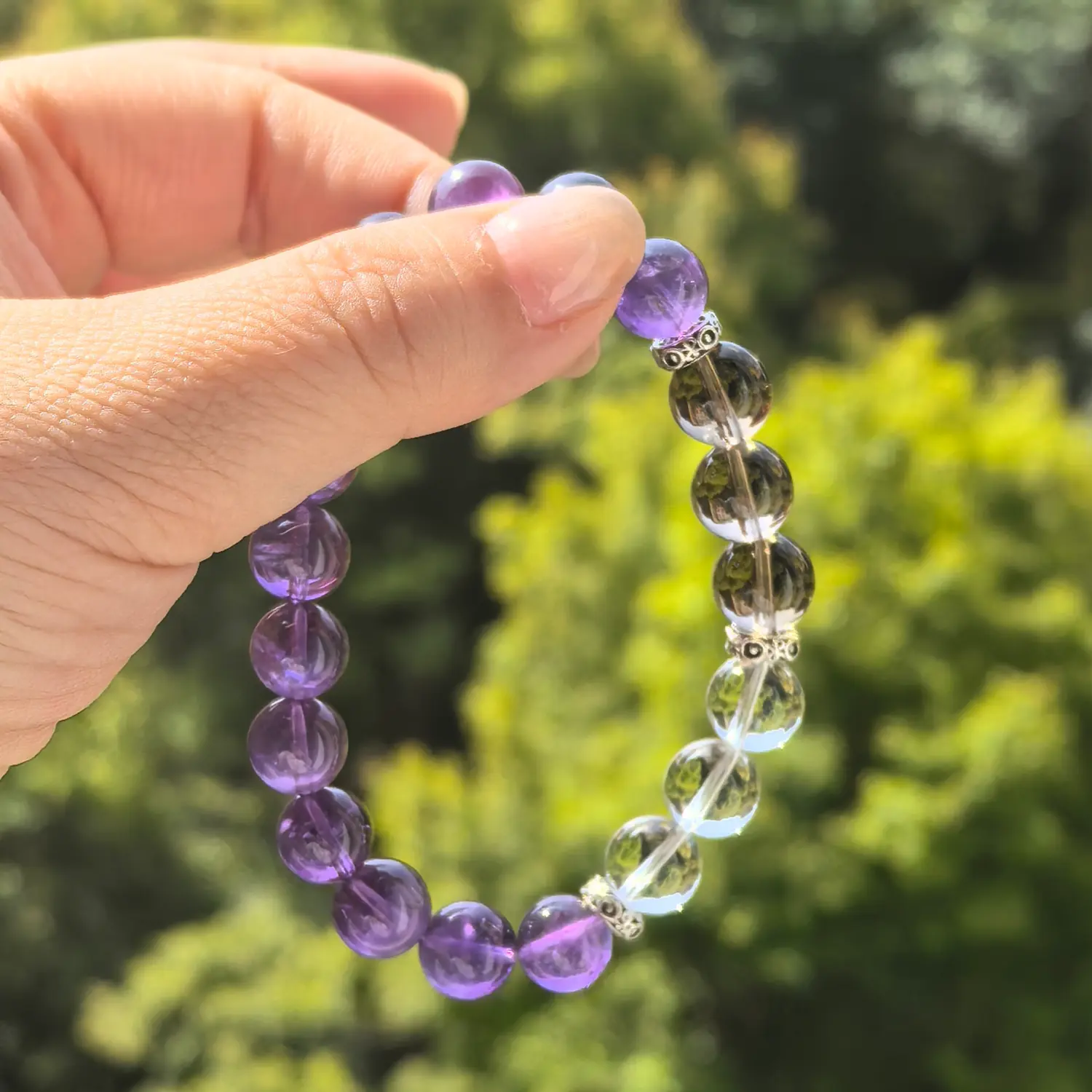 Amethyst Clear Quartz Smoky Quartz Bracelet styled flat lay with calm ritual details | QZZEN