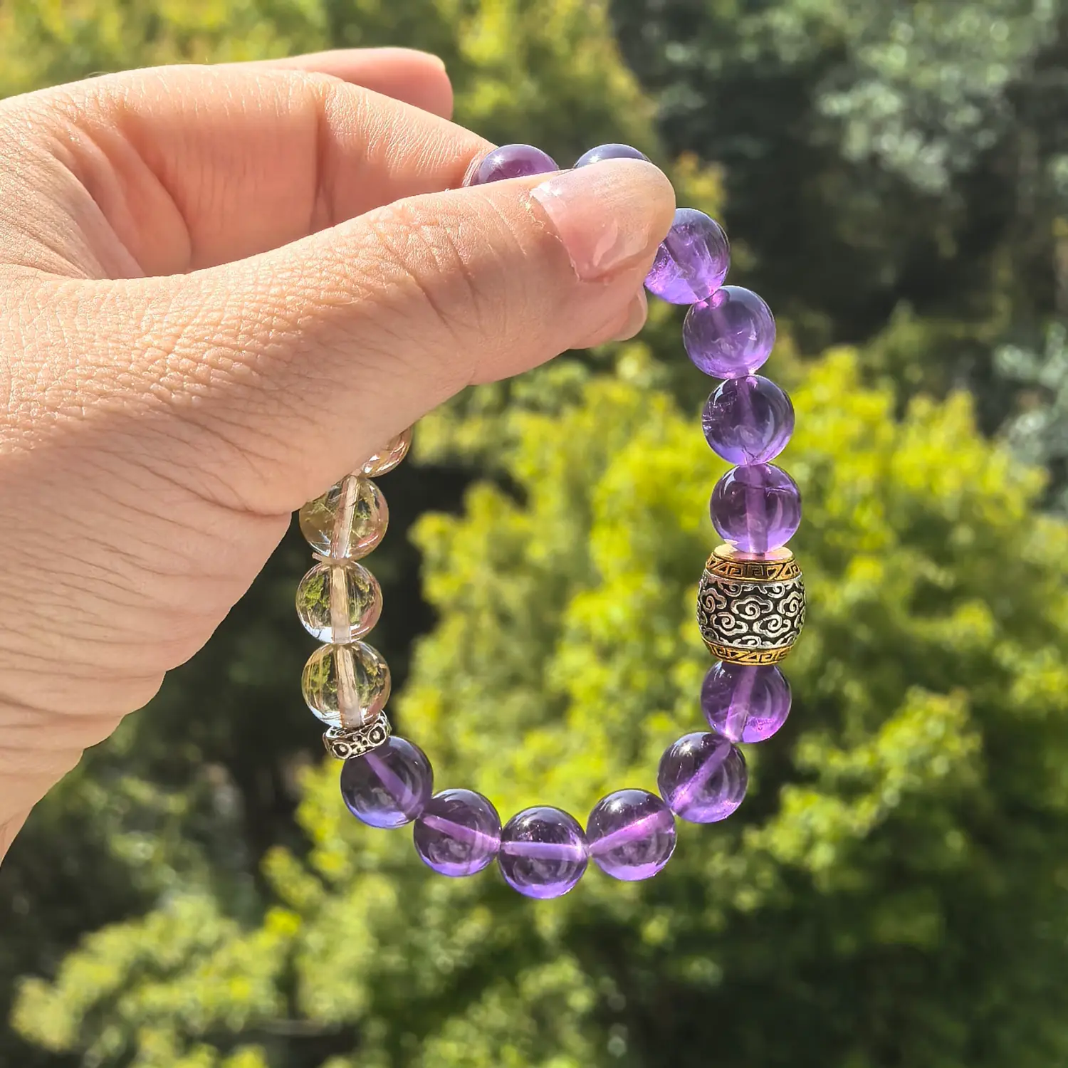 Amethyst Rutilated Quartz Bracelet styled flat lay with calm ritual details | QZZEN
