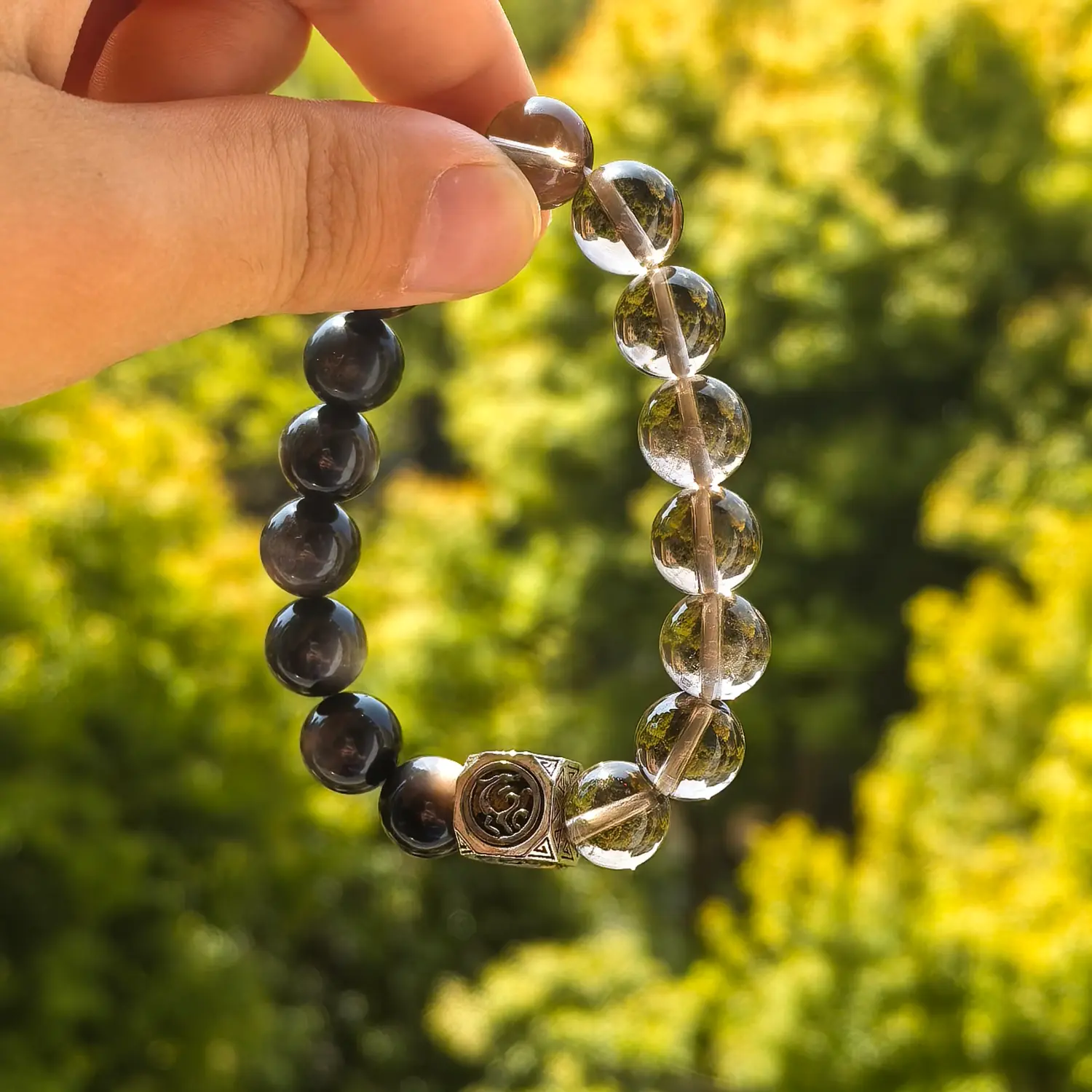 Clear Quartz Obsidian Smoky Quartz Bracelet styled flat lay with calm ritual details | QZZEN