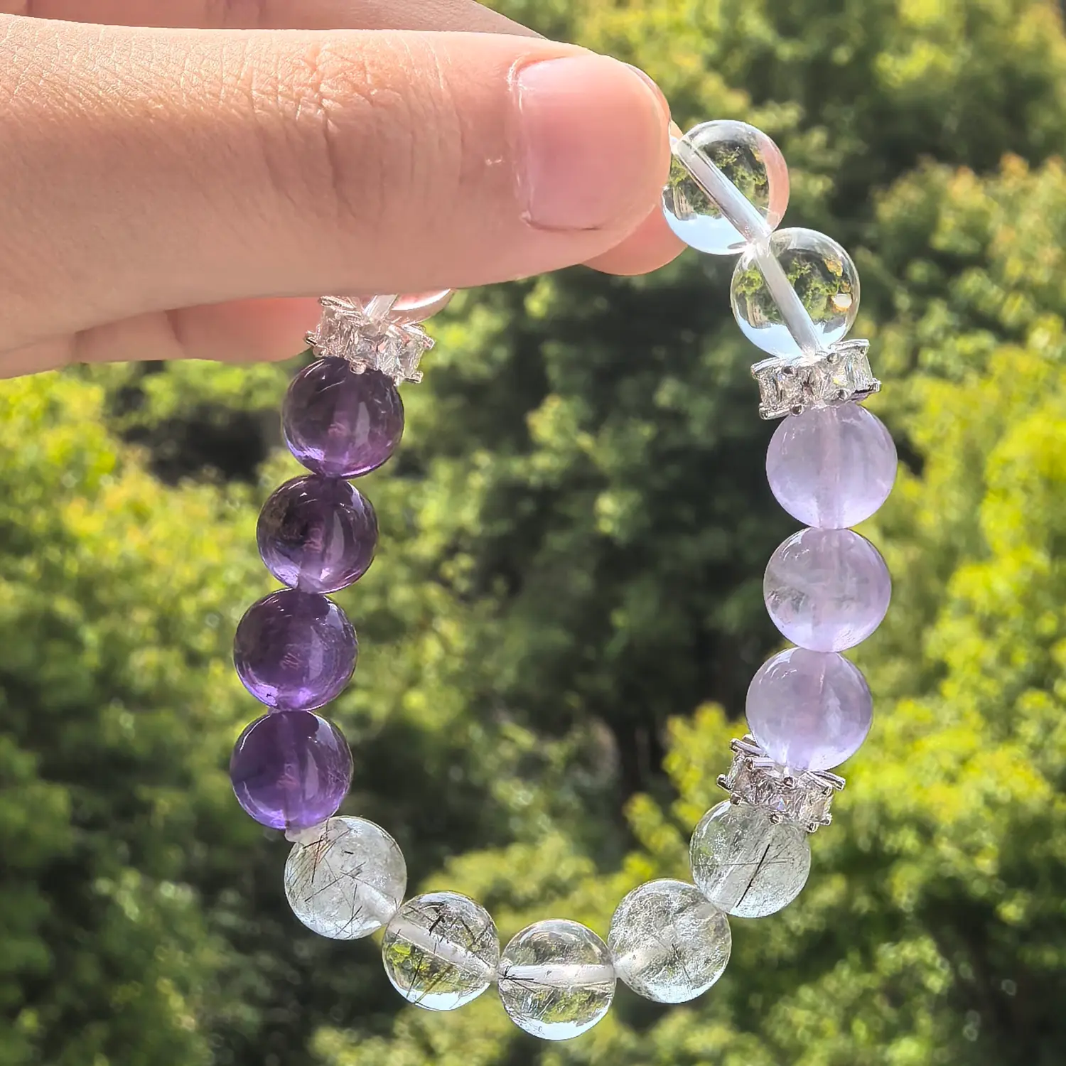 Amethyst Black Rutilated Quartz Rose Quartz Bracelet styled flat lay with calm ritual details | QZZEN